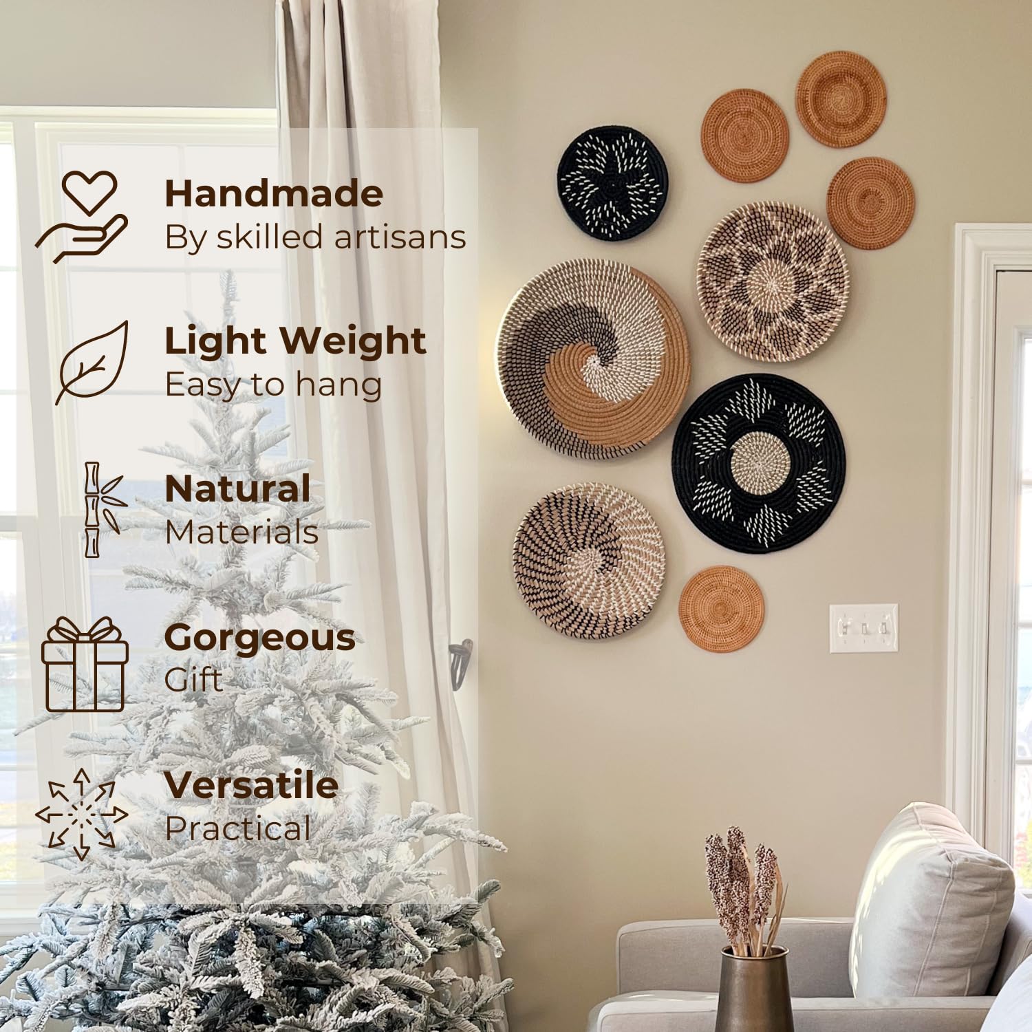 9-Piece Boho Wall Basket Decor Set - 100% Natural Seagrass & Wicker Wall Hanging Decor - Handmade Woven Wall Baskets from Vietnam - Rustic Home Decor for Living Room, Bedroom & Boho Style Interior Design