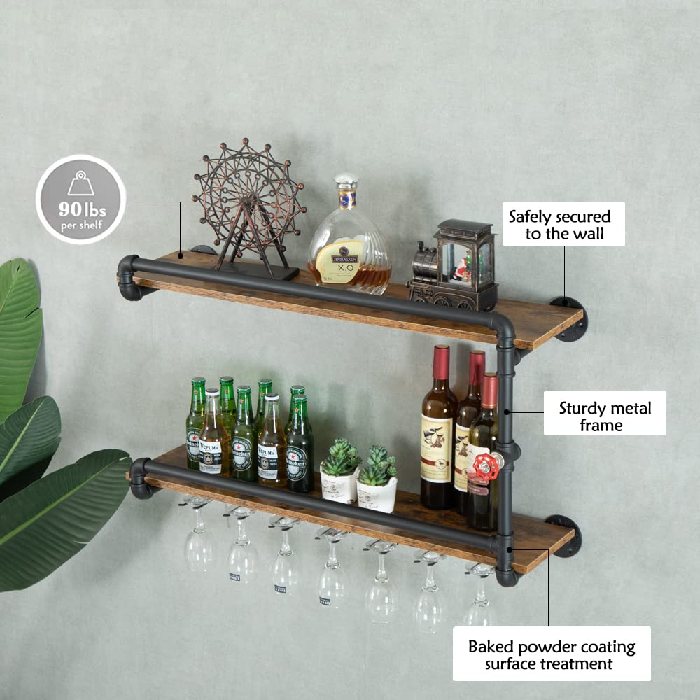 2-Tier Wall Mounted Wine Rack with Glass Holder - Industrial Rustic Pipe Floating Bar Shelf for Kitchen, Dining Room & Home Decor (35.4x10.6x19.7in, Black) - Perfect for Farmhouse Style, Small Spaces & Entertaining Guests