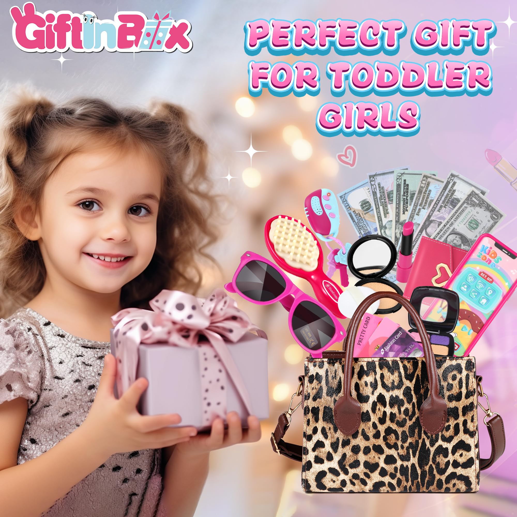 GIFTINBOX Pretend Play Toddler Purse for Girls Age 3-8 - Princess Toy Handbag with Accessories for Kids - Best Birthday Gift for 3 4 5 6 7 8 Year Old Girls - Perfect for Role Play, Dress Up & Tea Party Fun