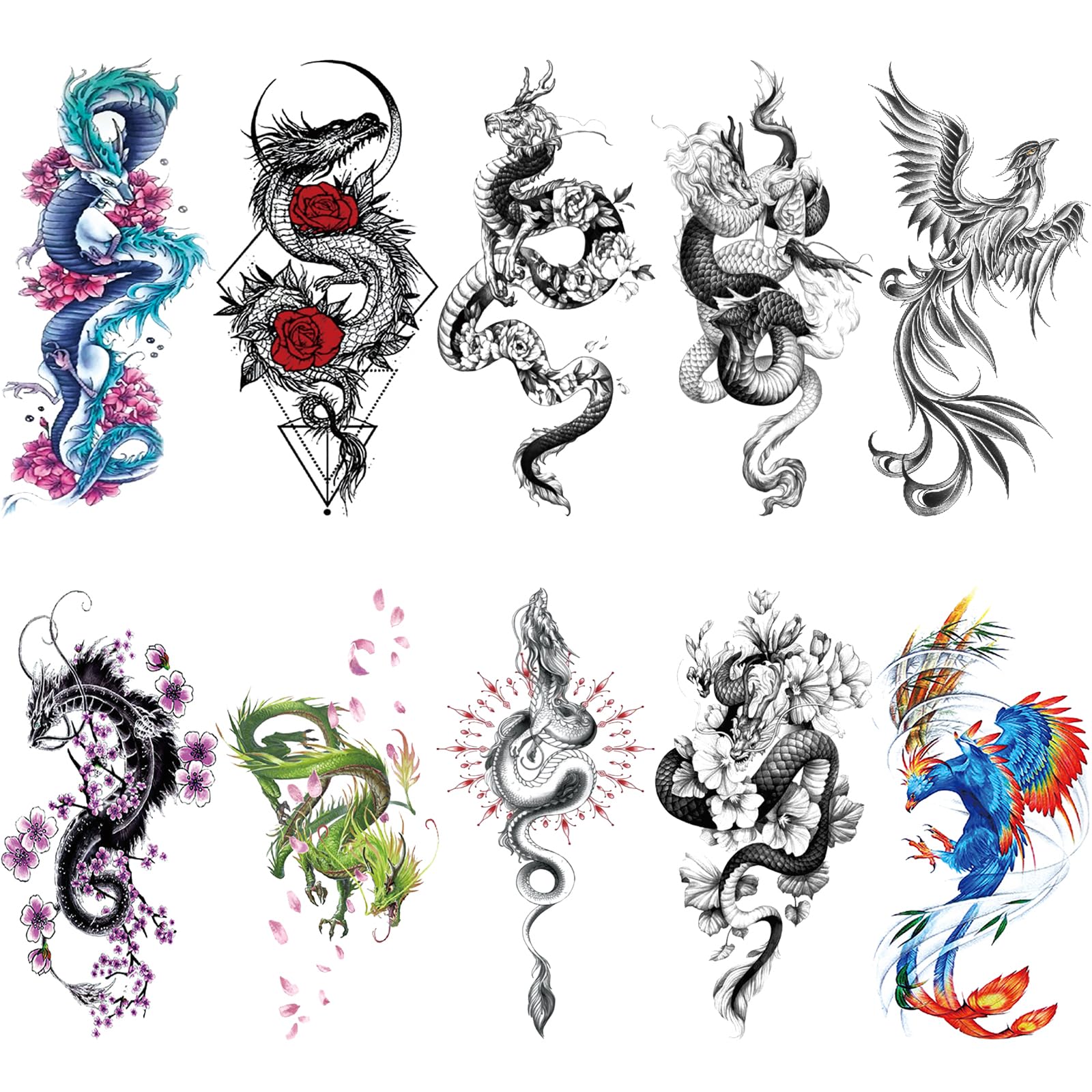 10 Sheet Realistic Floral Dragon Temporary Tattoos for Women - Large 3D Color Black Rose Flower Thigh & Arm Fake Tattoo Stickers - Sexy Phoenix Back Spine Waist Tattoo | Perfect for Parties, Halloween, Cosplay & Body Art