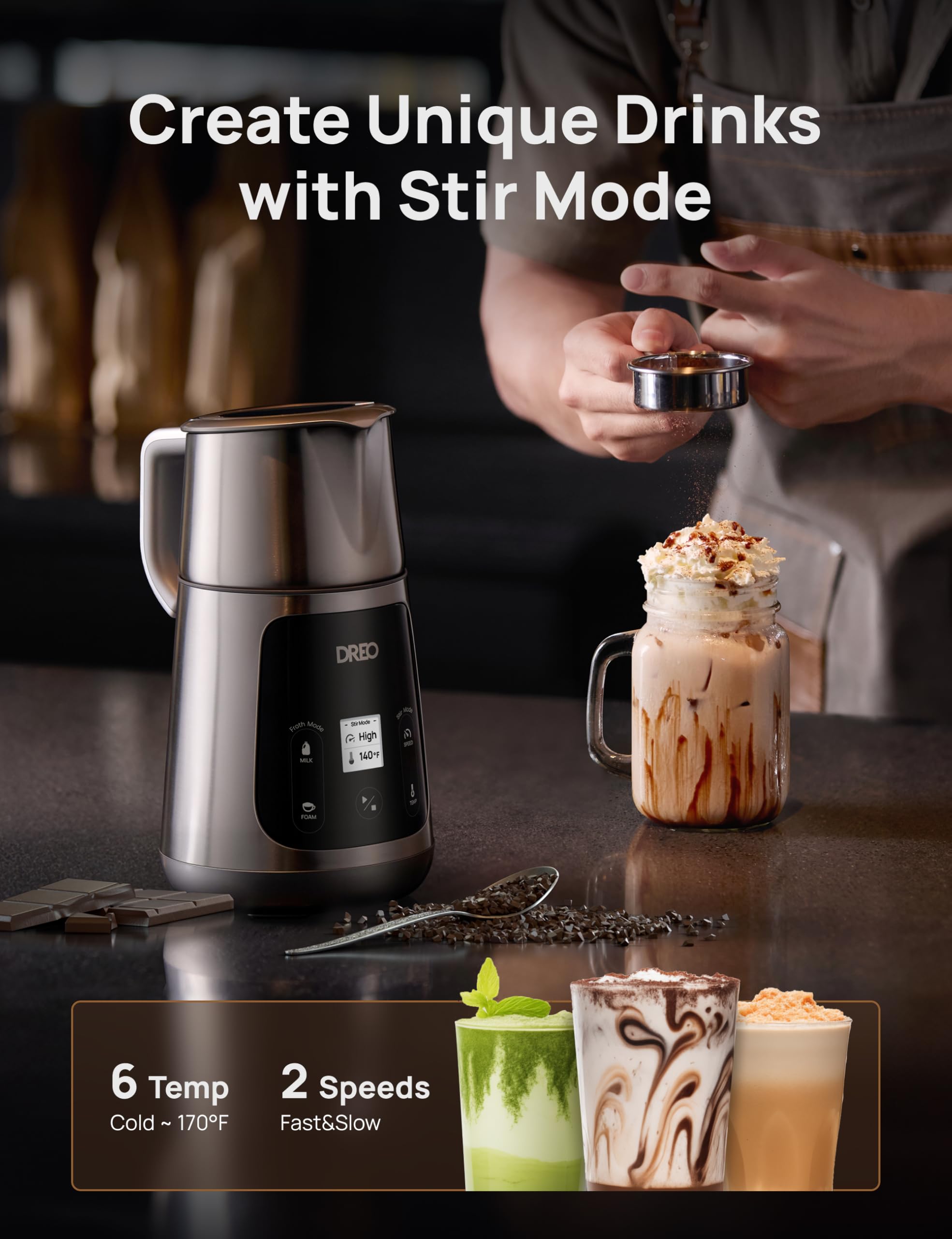 Dreo All-in-1 BaristaMaker Electric Milk Frother and Warmer - 15oz/450ml Automatic Coffee Frother for Latte Art, Cappuccino, Hot Chocolate - Works with Dairy & Plant-Based Milk - Dishwasher Safe - Perfect for Home Baristas, Coffee Shops & Office Use