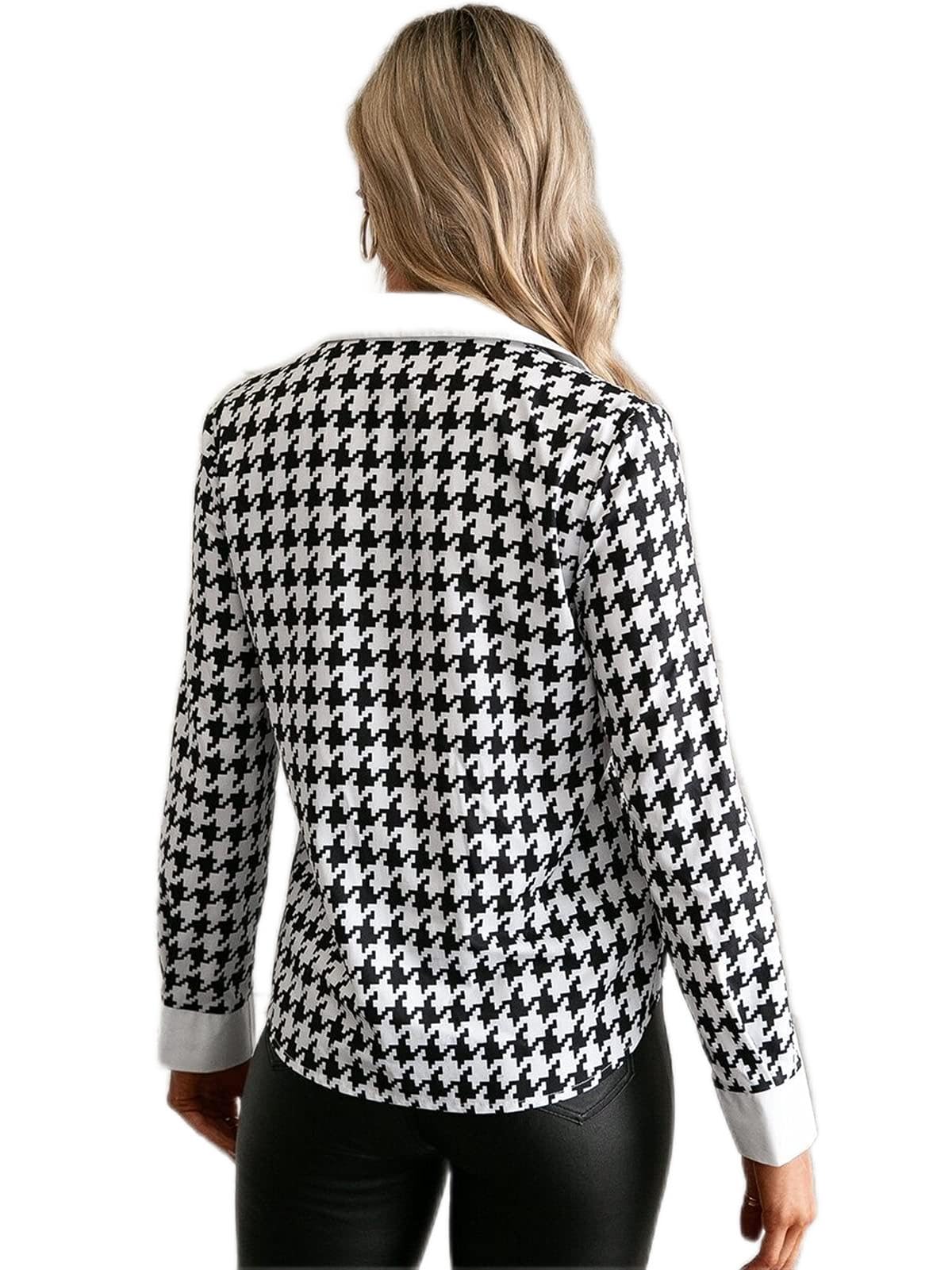 Women's Long Sleeve Houndstooth Button Down Shirt - Black & White Blouse for Office, Casual Wear & Layering (Size S) | Fashionable Button Front Top for Work, Date Night & Everyday Outfits