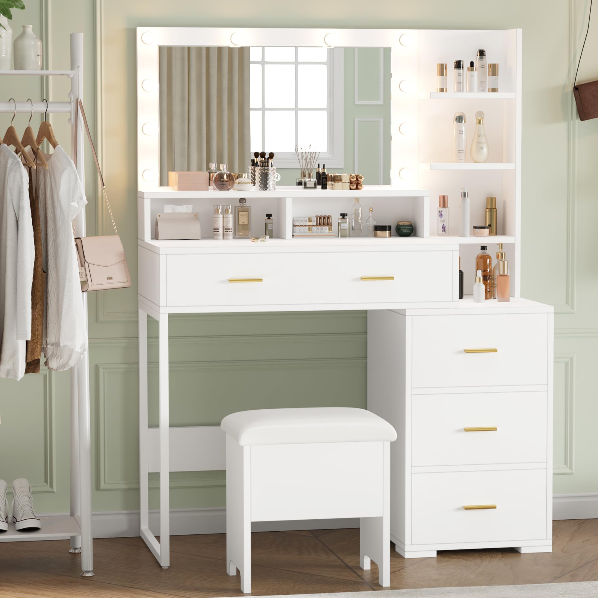 LED Makeup Vanity Desk with Mirror & 9 Lights, 5 Drawers for Bedroom Beauty