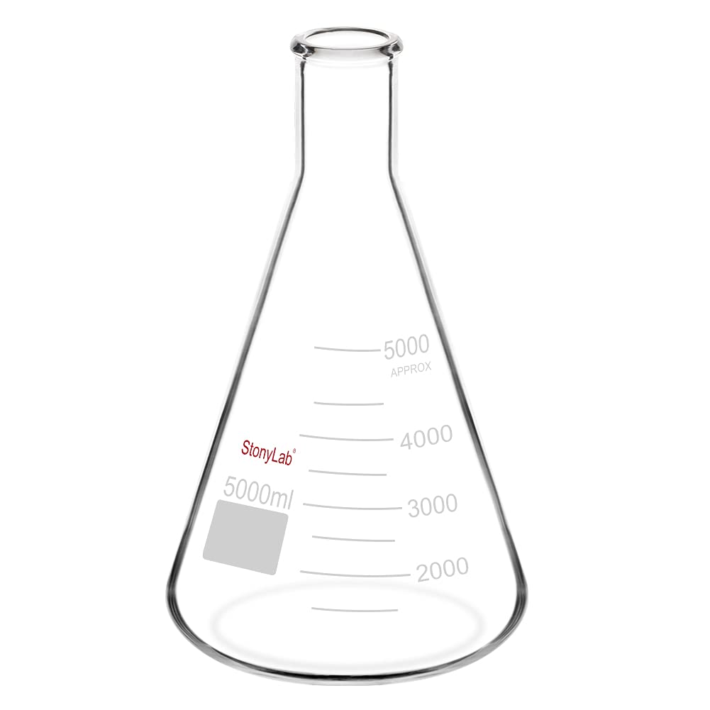 Stonylab 5000ml Narrow Mouth Erlenmeyer Flask with Heavy Duty Rim - Premium Borosilicate Glass Lab Flask for Chemistry, Science Experiments & Home Brewing (1 Pack)