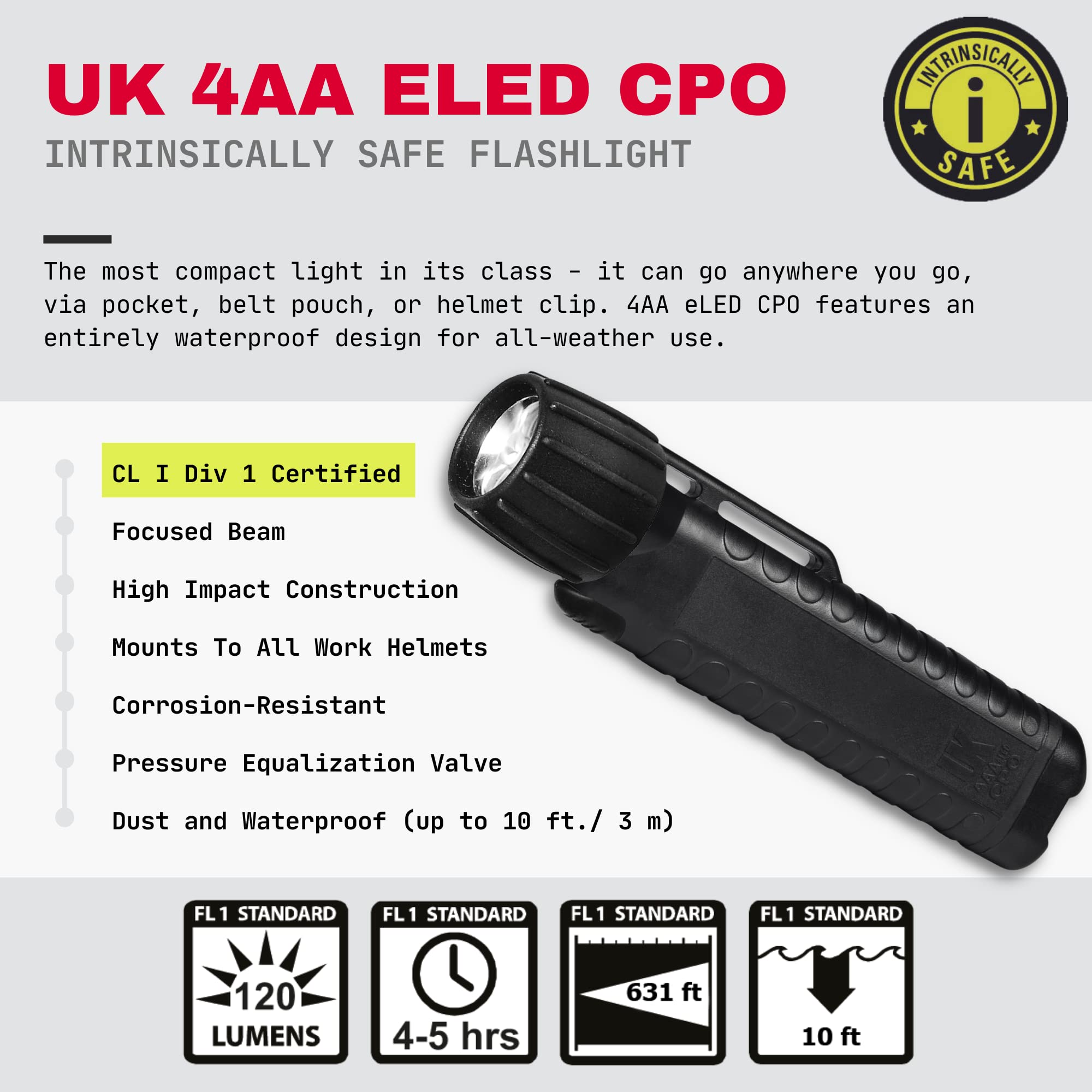 UNDERWATER KINETICS UK4AA CPO eLED Waterproof Flashlight - Lightweight, Tail Switch & Front Switch, Black - Perfect for Diving, Camping, Emergency & Outdoor Adventures