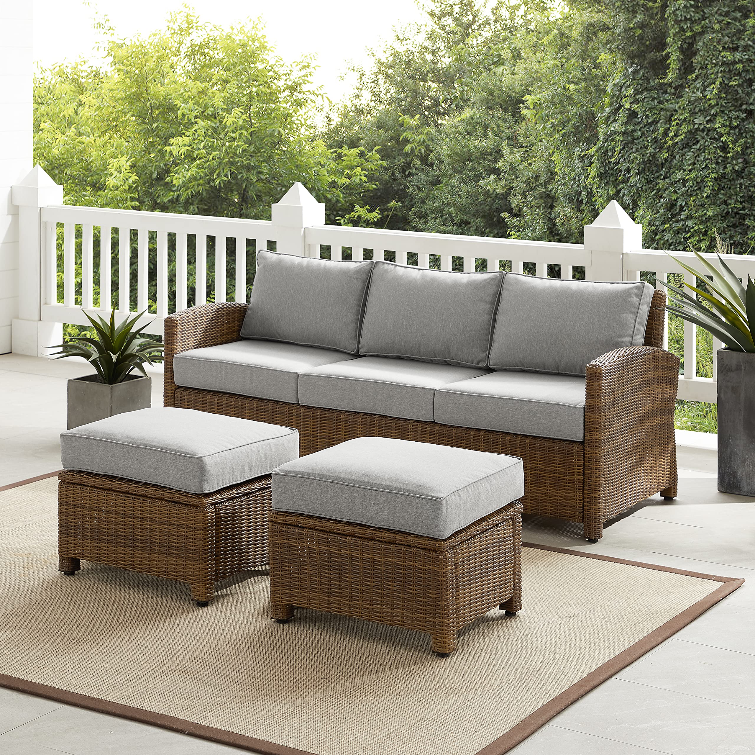 Crosley Bradenton 3-Piece Outdoor Wicker Sofa Set with Gray Cushions - Patio Furniture Conversation Set for Porch, Deck, Backyard & Garden Relaxation