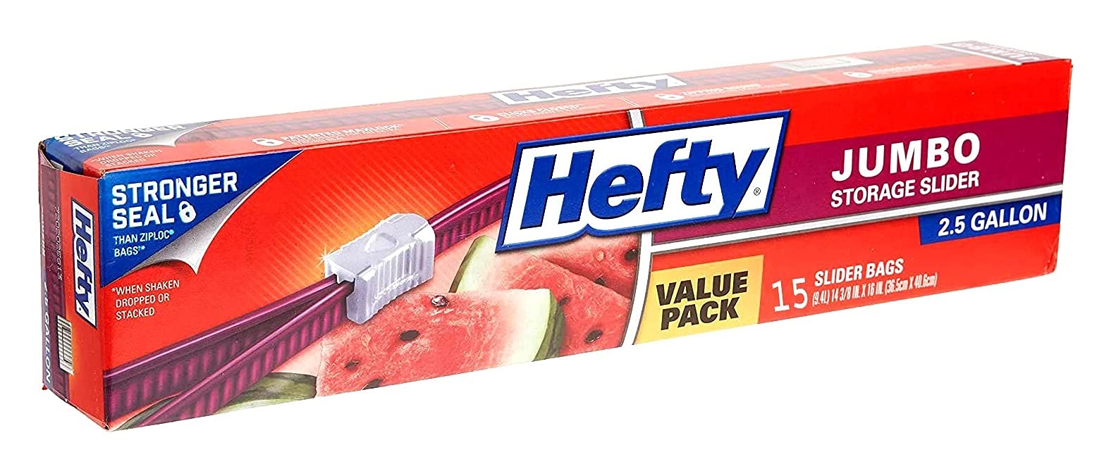 Hefty Jumbo Slider Bags 15 Count - Reusable 2.5 Gallon Plastic Storage Bags with Slide Zip Closure | Clear & Purple | Leak Proof Food Storage | Ideal for Meal Prep, Freezer Storage & Organizing Household Items