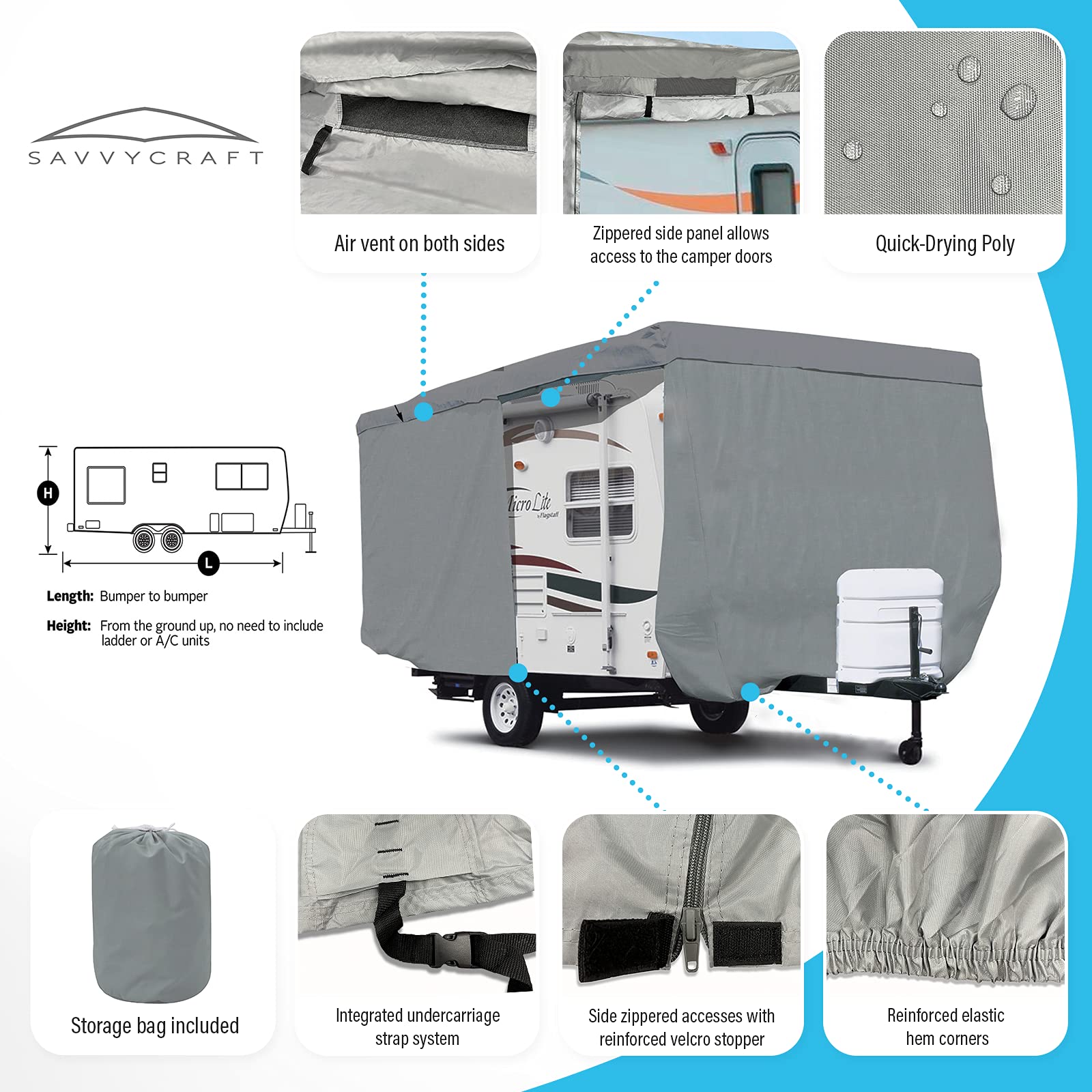 SavvyCraft Premium Waterproof RV Cover for 16'-17' Travel Trailers - Windproof, Tear-Resistant Camper Cover with Access Panels | Perfect for Outdoor Storage, Winter Protection & Long-Term Parking