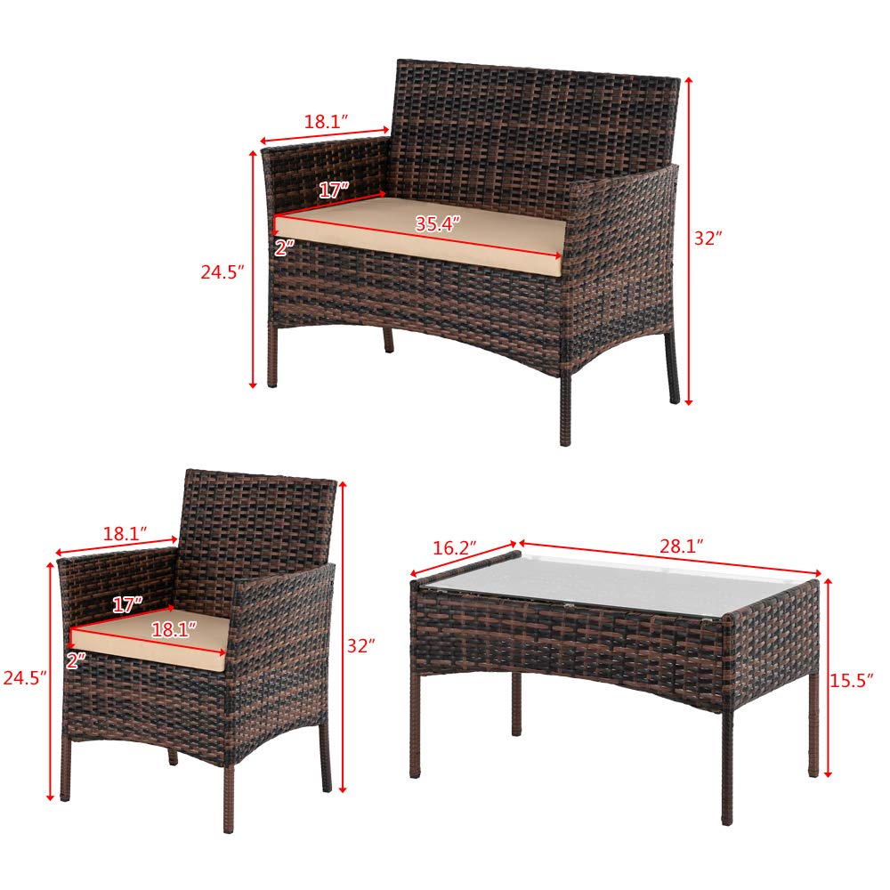 4-Piece Brown Wicker Patio Furniture Set - Outdoor Rattan Sofa with Coffee Table for Balcony, Poolside, Backyard, Porch & Garden - Perfect for Relaxing, Entertaining & Outdoor Conversations