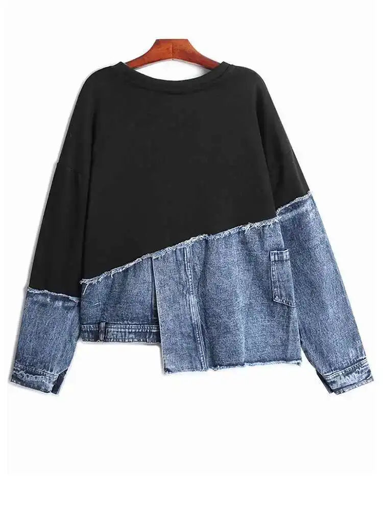 Black Distressed Denim Casual Sweatshirt for Women - Oversized Round Neck Long Sleeve Pullover | Trendy Streetwear for Spring & Fall 2025 | Perfect for Layering, Weekend Outings & Casual Fashion (Style: 1DH5370)