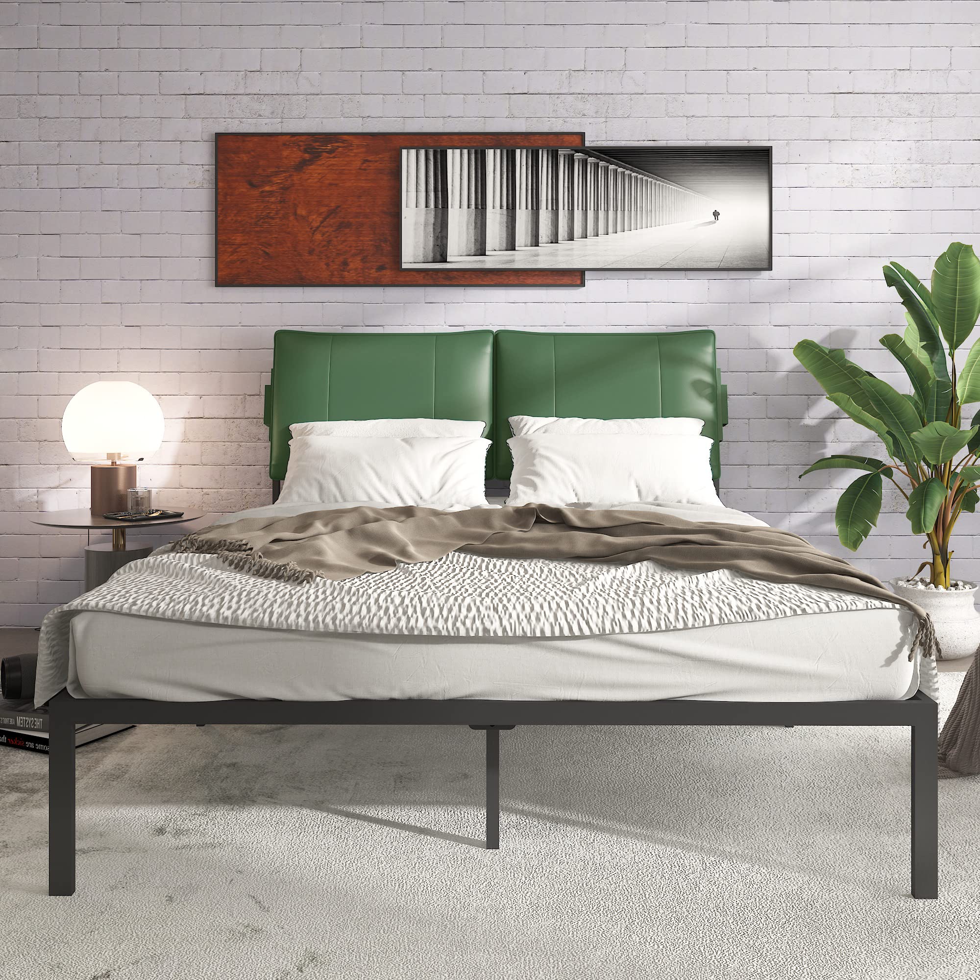 Queen Size Metal Bed Frame with Green Leathaire Headboard - Heavy Duty Steel Platform Bed with Reinforced Metal Slats, No Box Spring Needed - Modern Black Bed Frame for Master Bedroom, Guest Room & Dorm