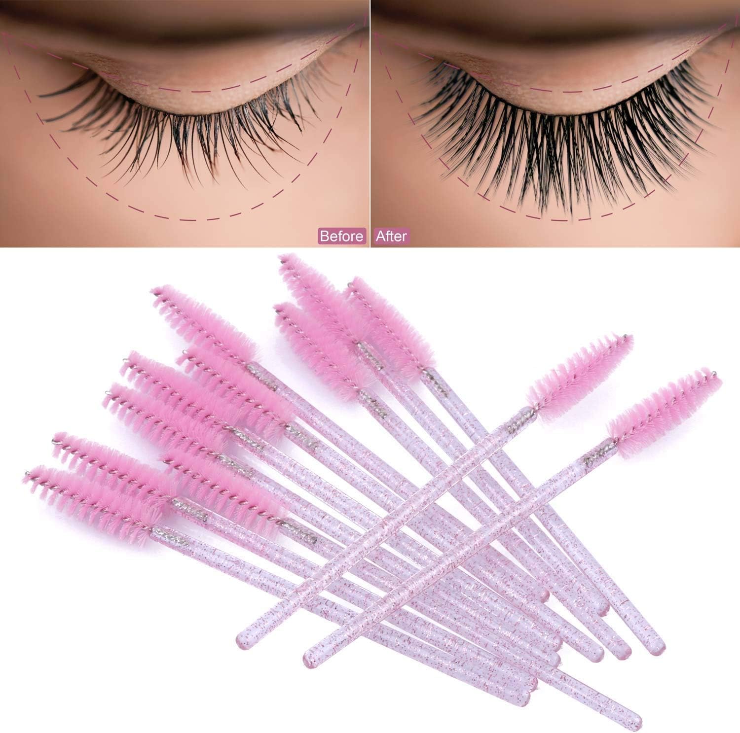 VOIISH Glitter Eyelash Brush Mascara Wands Set (Pack of 50) - Professional Eyelash Curling Comb, Makeup Brushes & Eyebrow Spoolers for Stunning Eye Makeup - Perfect for Salon, Home Use & Travel