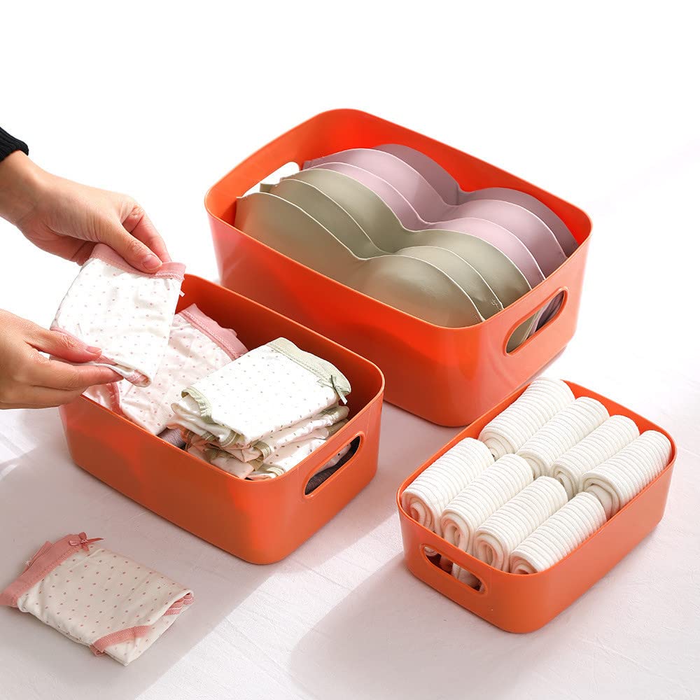 Colorful Plastic Storage Box with Handles - Organize Socks, Cosmetics for Bathroom & Kitchen (M, Orange)