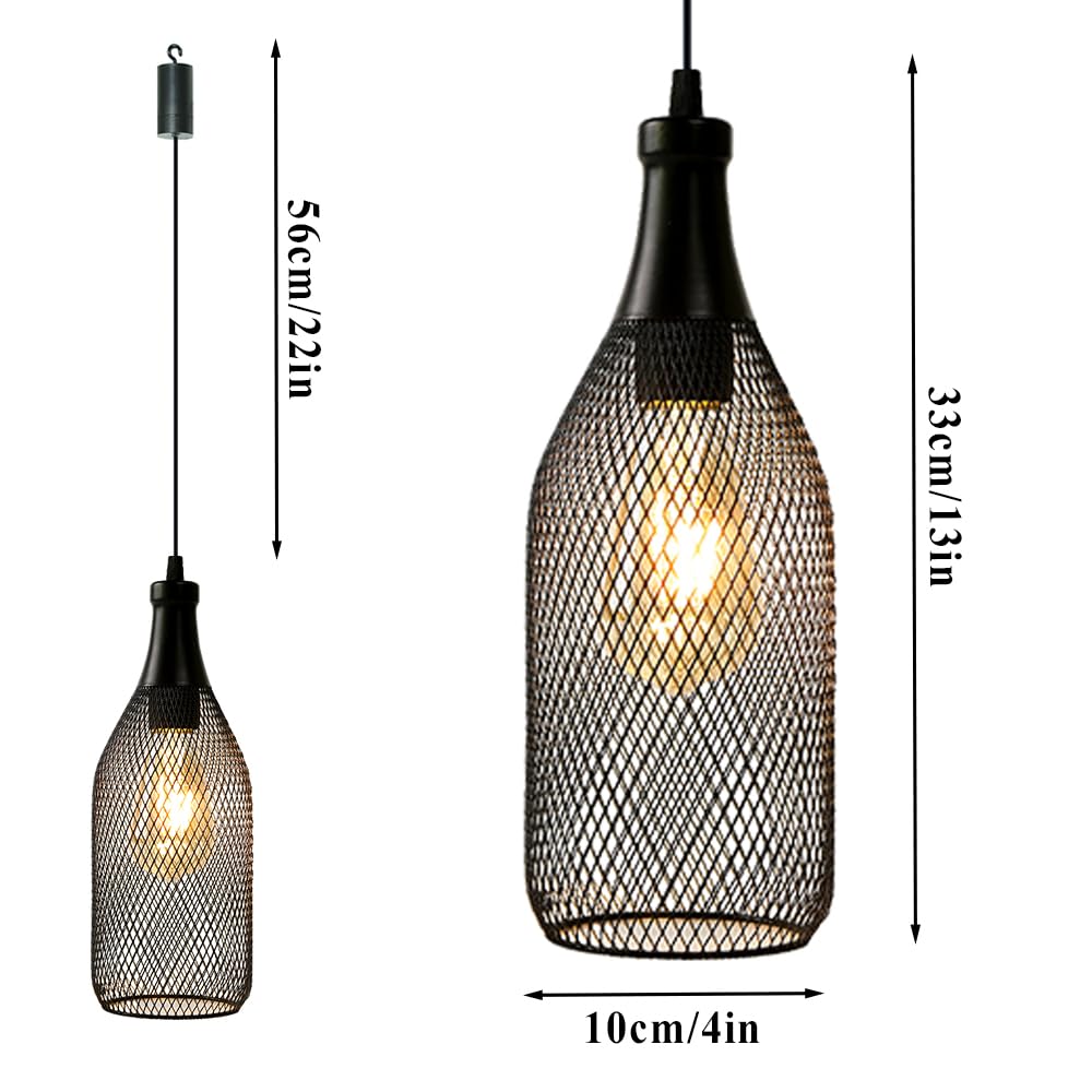 JHY DESIGN Black Battery Powered Hanging Lamp - Metal Cage Pendant Light with 6-Hour Timer for Indoor & Outdoor Use - Perfect for Bedroom, Living Room, Bar, Garden, Patio, and Party Decor (Wine Bottle Shaped)
