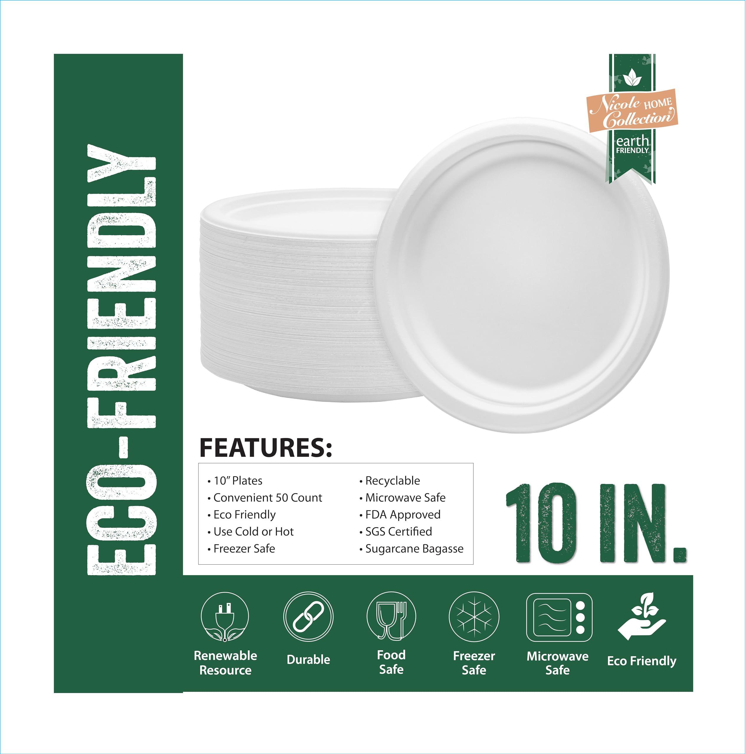 Nicole Home Collection 100% Compostable Heavy Duty 10-Inch Disposable Paper Plates - 600 Count | Eco-Friendly Biodegradable Bagasse Made from Natural Sugarcane Fiber | Perfect for Parties, Picnics, BBQs & Sustainable Dining