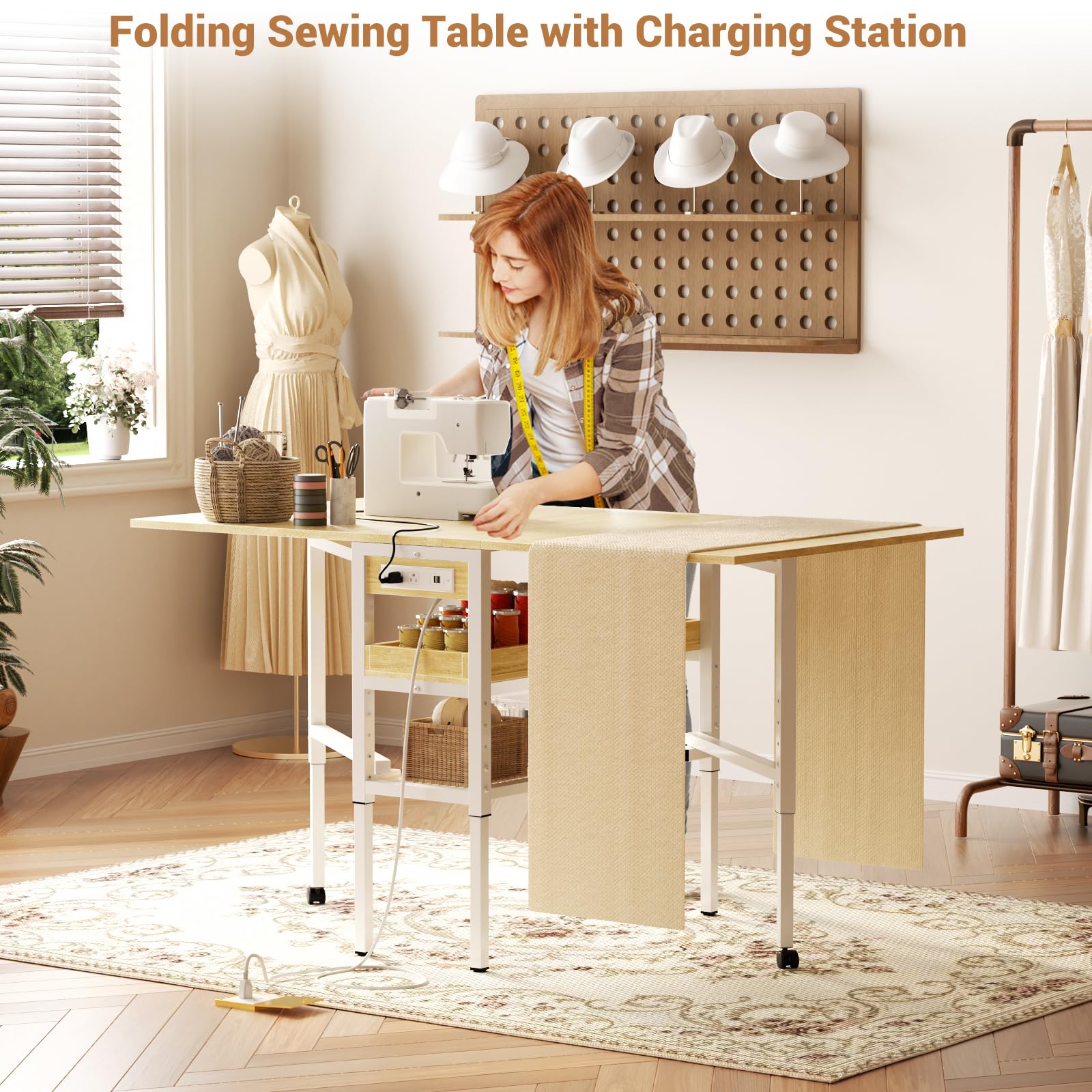 Adjustable Height Folding Sewing Table with USB Charging Station & Storage - 50