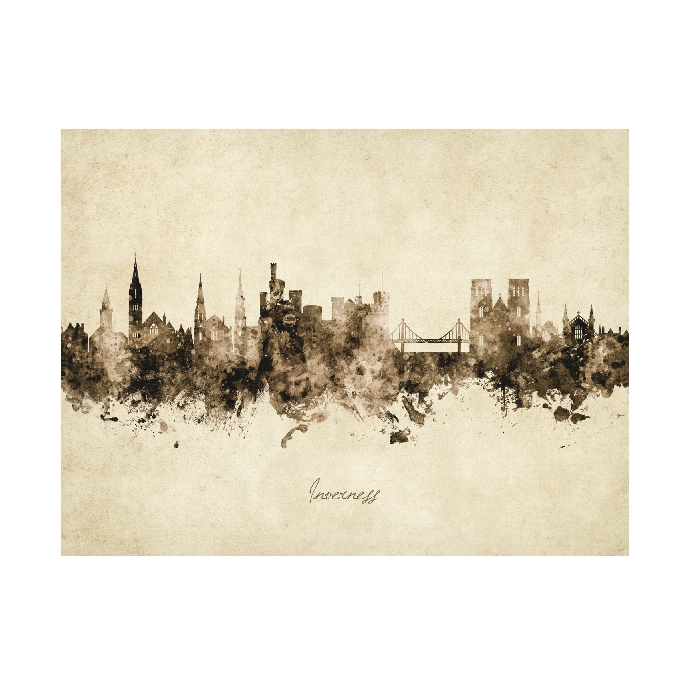 Michael Tompsett 'Inverness Scotland Skyline Vintage' Canvas Wall Art Print - Scottish Highland Landscape Painting for Living Room, Office & Home Decor