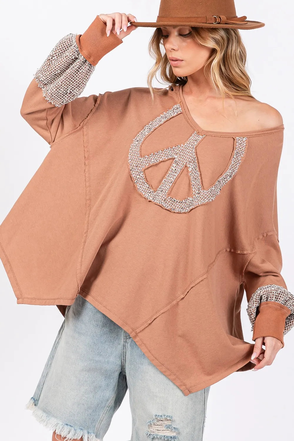 Boho Beachy Peace Sign Mineral Wash Terry Top - Soft & Comfortable Women's Casual Shirt for Summer, Vacation, and Music Festivals