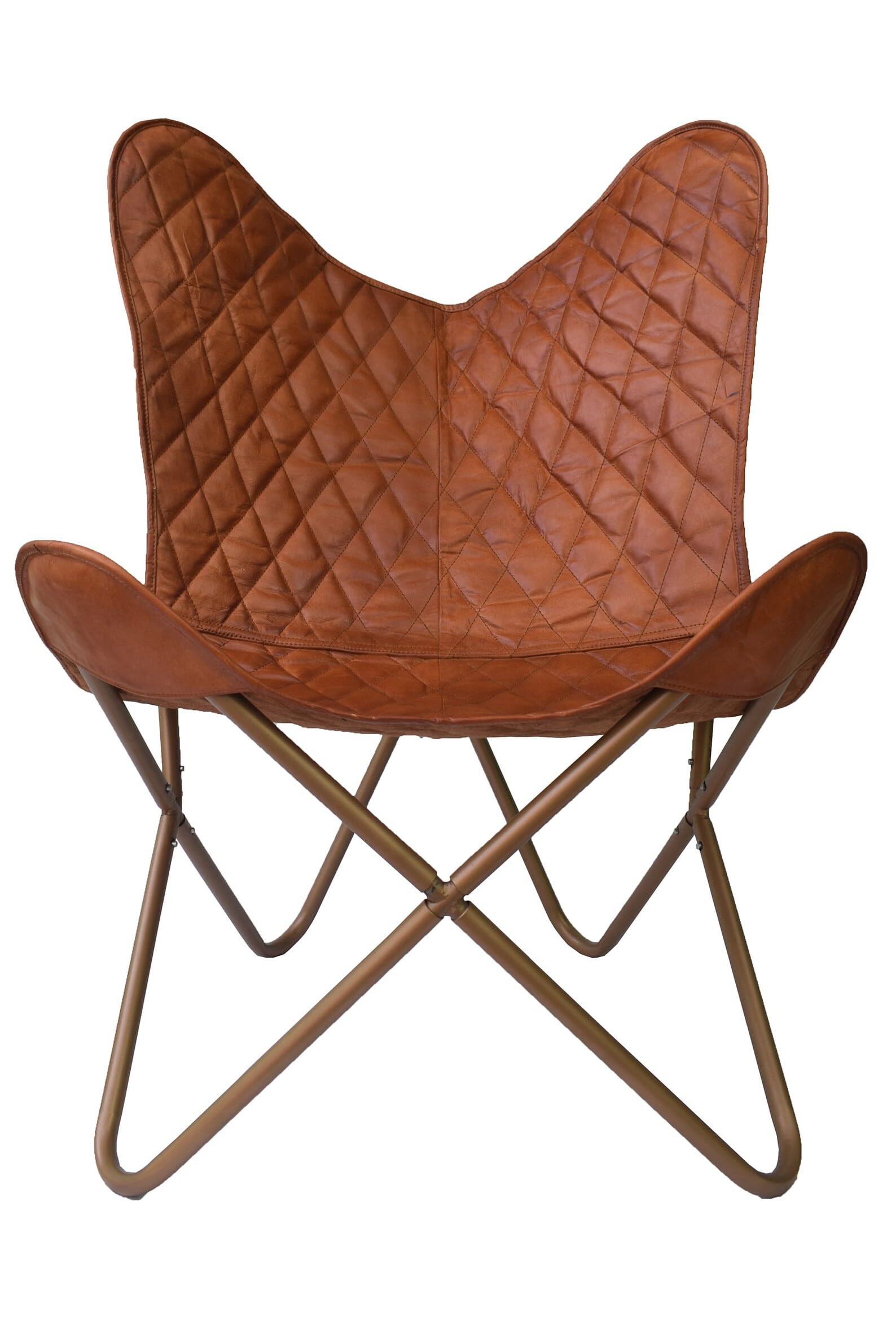 Shy Shy Let’s Touch The Sky Genuine Leather Butterfly Chair - Brown Cover with Golden Frame, Modern Lounge Chair for Living Room, Bedroom, Patio & Dorm Decor, Comfortable Reading & Relaxation Seat
