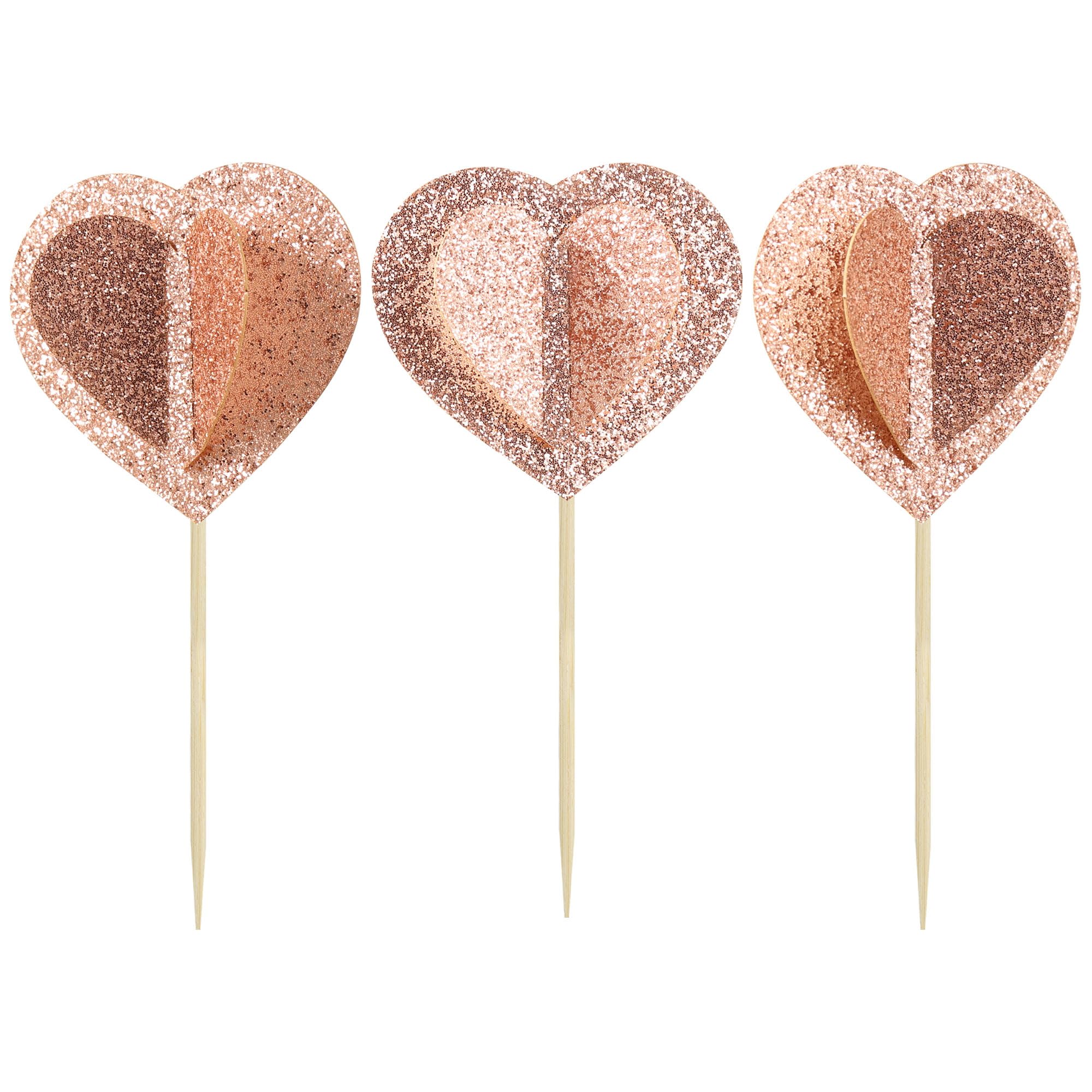 24Pcs Rose Gold Glitter 3D Heart Cupcake Toppers - Double Layer Valentine's Day Cake Decorations for Wedding, Engagement, Bridal Shower & Birthday Parties - Perfect for Romantic Celebrations and Sweet Treat Displays