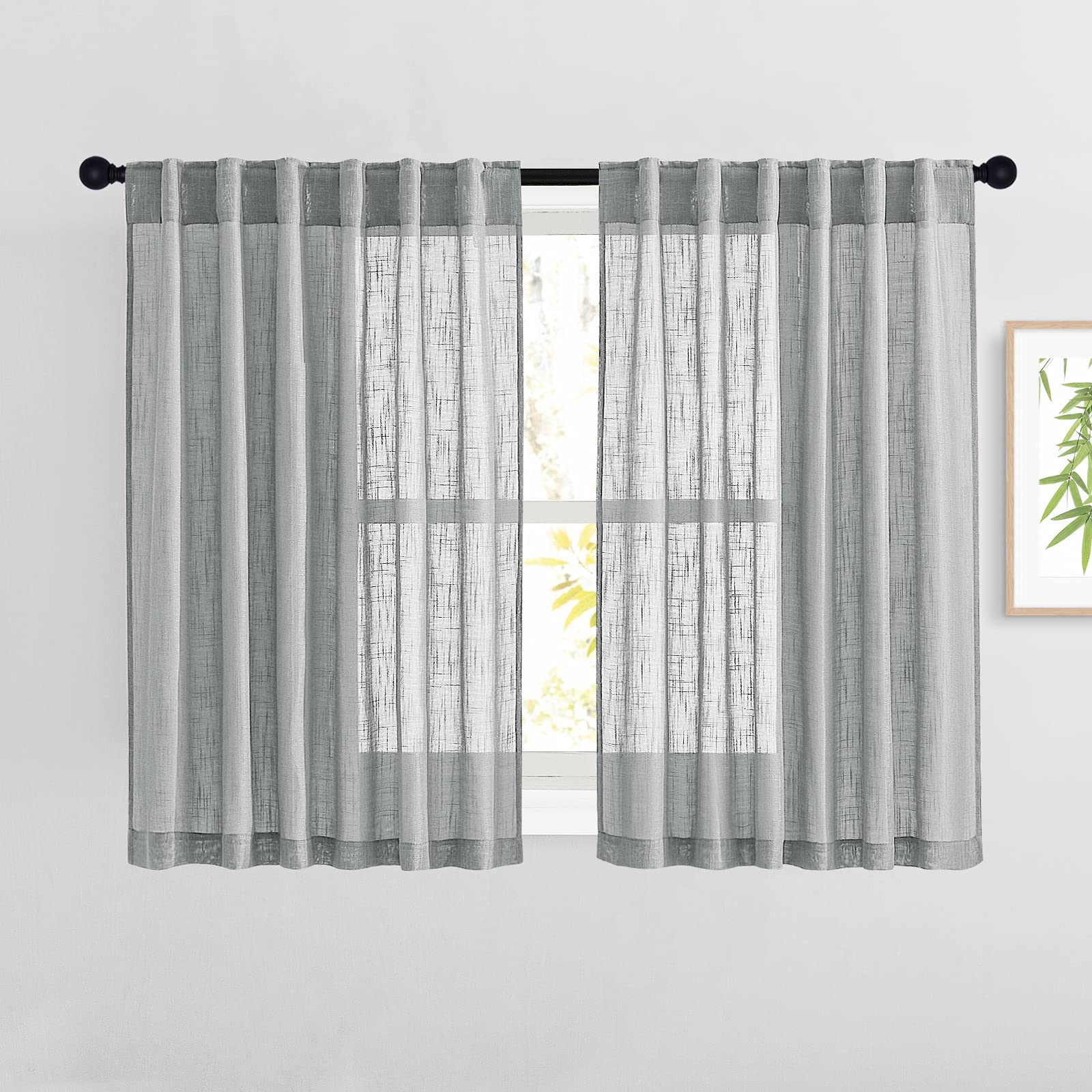 RYB HOME Semi Sheer Linen Curtains - Light Filtering, Half Privacy, Textured Fabric - 52