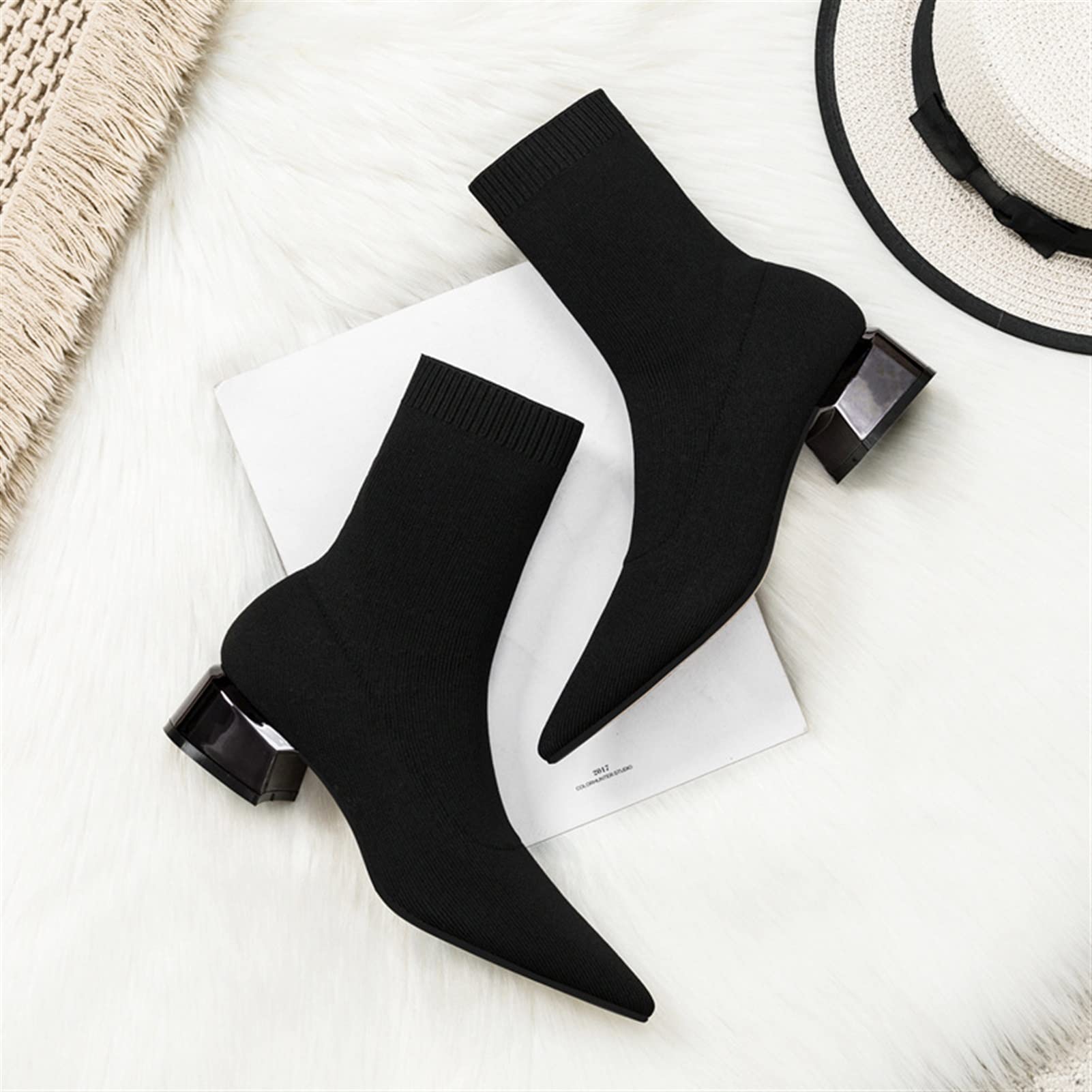 Women's Fashion Thin Boots - High Heel Pointed Toe Mid Calf Boots for Autumn & Spring | Knit Socks with Thick Heel | Black Size 6 | Perfect for Office Wear, Date Nights & Fall Fashion Outfits