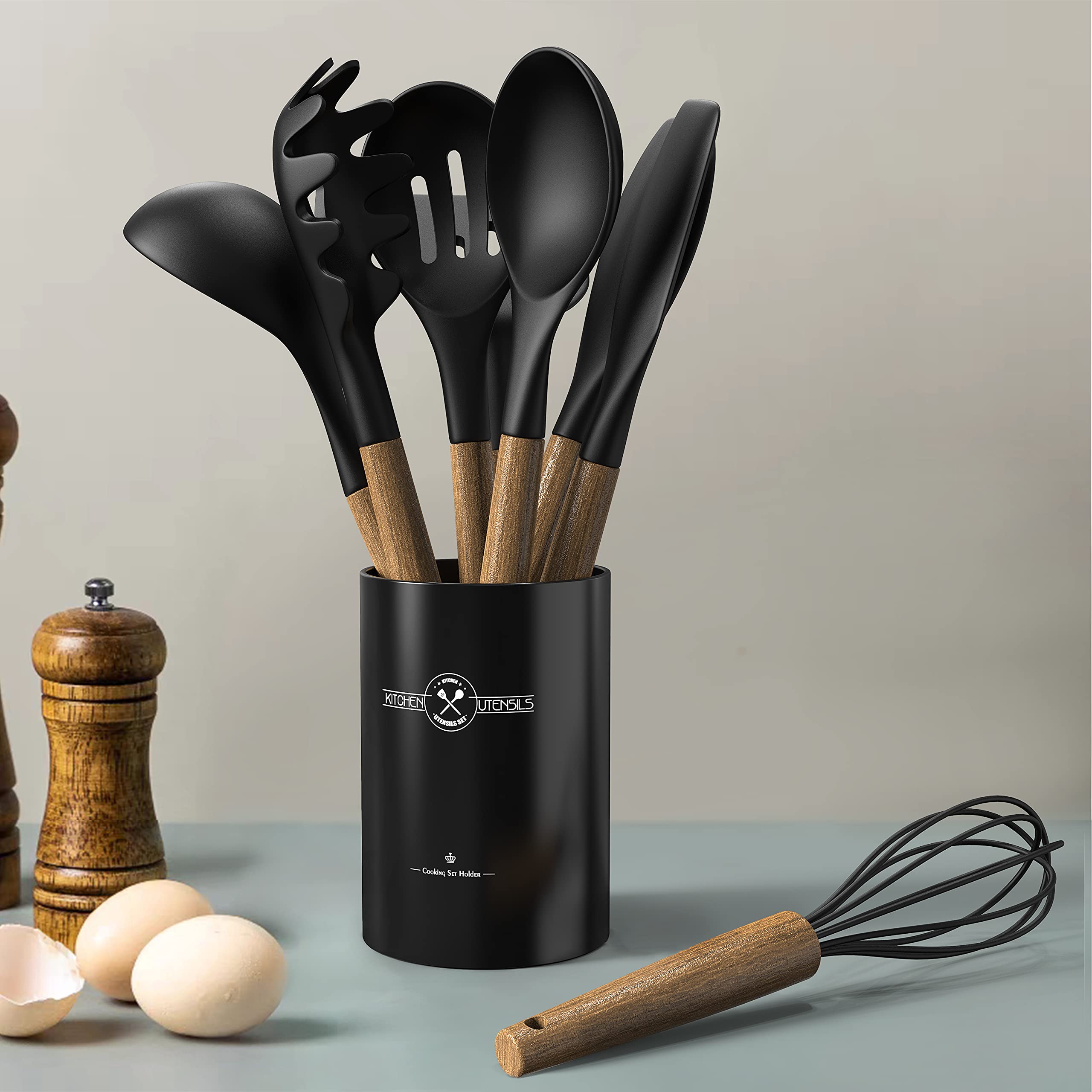 Premium 9-Piece Silicone Kitchen Utensil Set with Wooden Handle - Heat Resistant up to 446°F - Nonstick Cookware Safe Spatula Set with Storage Holder (Black) - Perfect for Baking, Cooking, and Serving