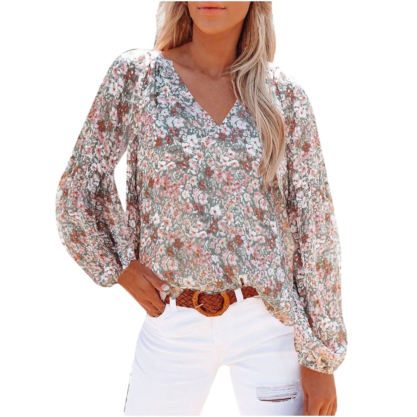 Maqroz Women's Chiffon Blouse - Elegant Boho Floral Print V-Neck Long Sleeve Loose Tunic Top for Casual & Dressy Occasions | Lightweight Summer Shirt for Work, Date Night & Outdoor Events