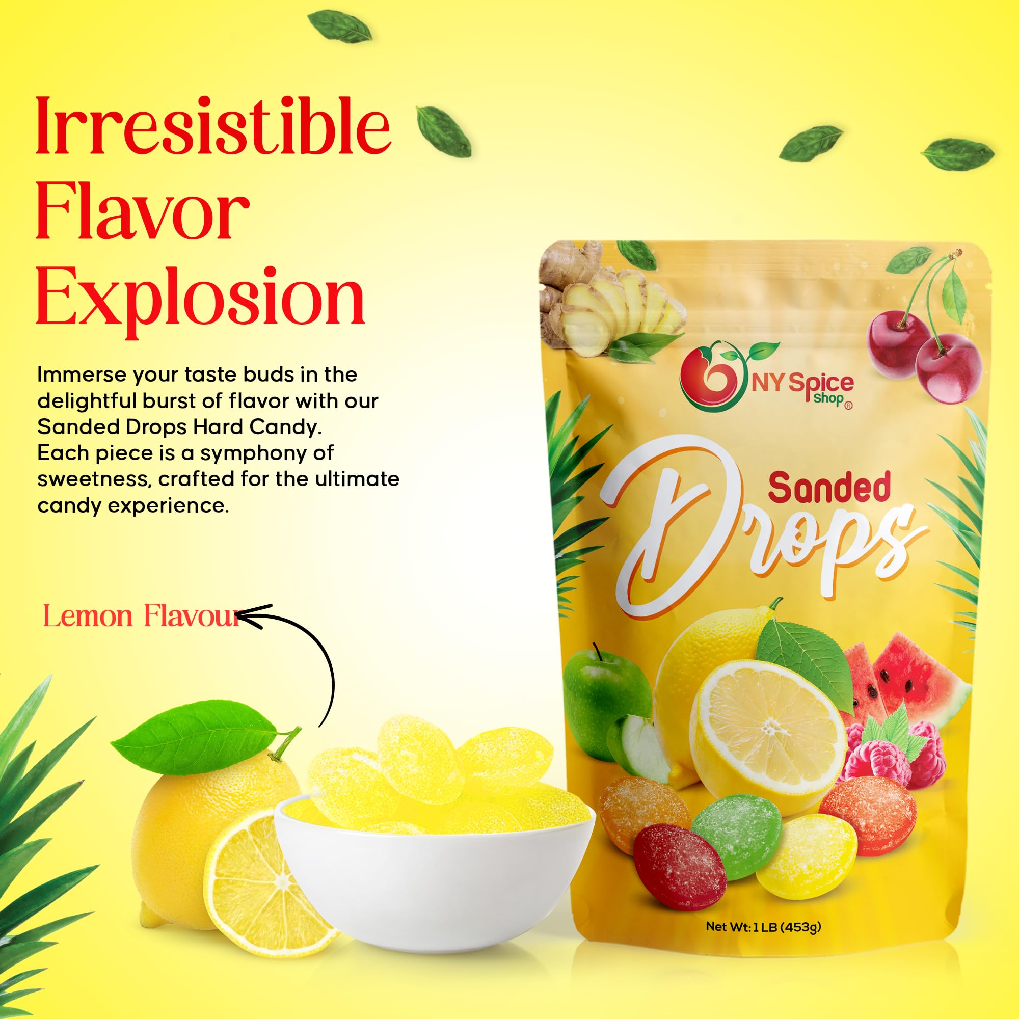 NY Spice Shop Sanded Lemon Drops - 1 Pound Bulk Old Fashioned Hard Candy | Tangy & Sweet Lemon Flavored Treats | Perfect for Party Favors, Office Snacks & Gift Baskets
