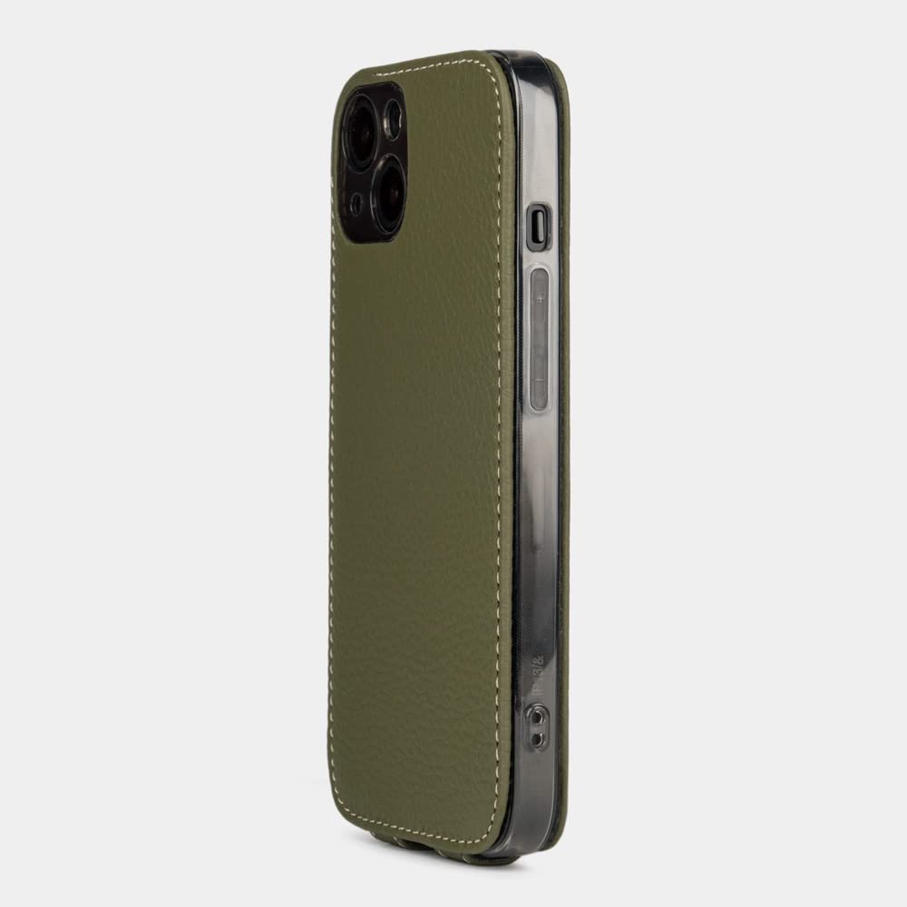 Ultra Thin Genuine Leather Flip Case for iPhone 13 Mini - Patented Design - Made in France - Premium Green Protective Cover - Perfect for Everyday Use & Business Professionals