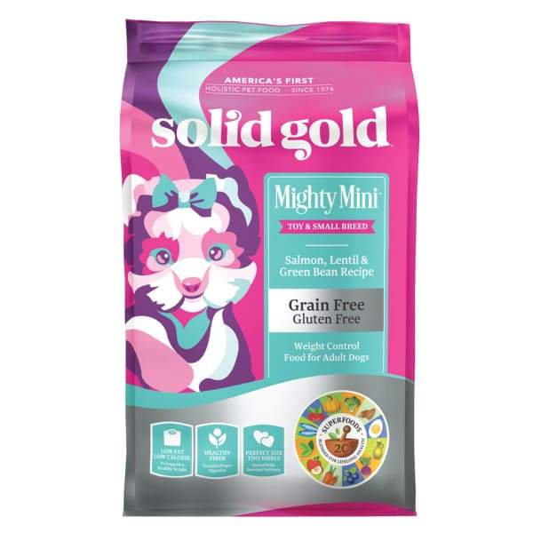 Premium Solid Gold Mighty Mini Salmon, Lentil & Green Bean Recipe Dry Dog Food - 1.8kg (4 lbs) High Protein Grain-Free Kibble for Small Breed Dogs - Perfect for Puppies & Adult Dogs with Sensitive Stomachs