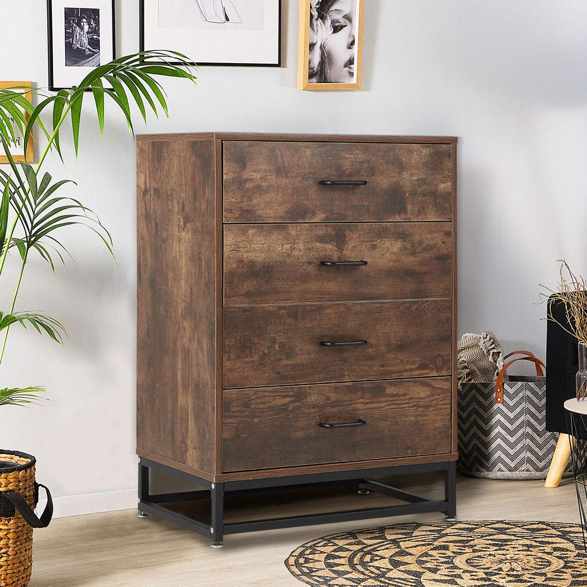 MELLCOM 4-Drawer Wooden Storage Cabinet - Industrial Tall Dresser with Sturdy Metal Frame, Vintage Brown Chest of Drawers for Bedroom, Living Room, Hallway | Perfect for Home Organization, Office Storage & Entryway Decor