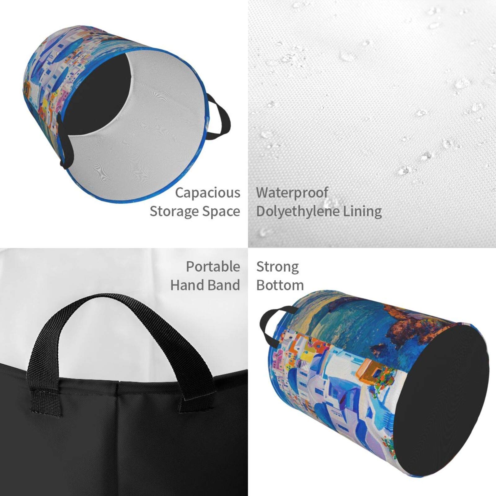 Beautiful Santorini Oil Painting Collapsible Laundry Basket with Handle - Waterproof Fabric Hamper for Clothes, Toys & Bathroom Storage - Large Organizer Bin for Dirty Laundry (Perfect for Home, Dorm & Travel Use)