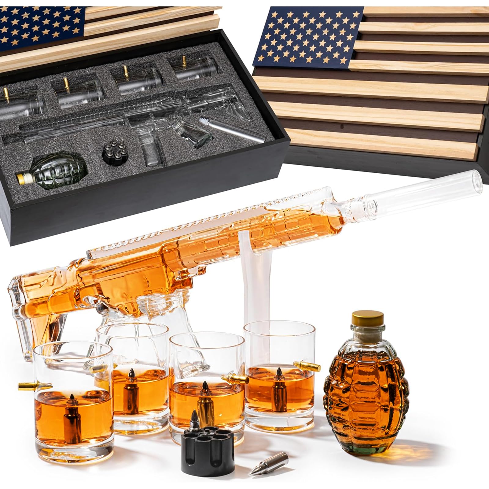 AR15 Whiskey Gun Decanter Set with American Flag Gift Box - 1000ml Capacity Includes Bullet Glasses & Chillers - Perfect Drinking Party Accessories for Army, Marines, Veterans & Gun Lovers - Ideal for Man Cave, Hunting Trips & Patriotic Celebrations