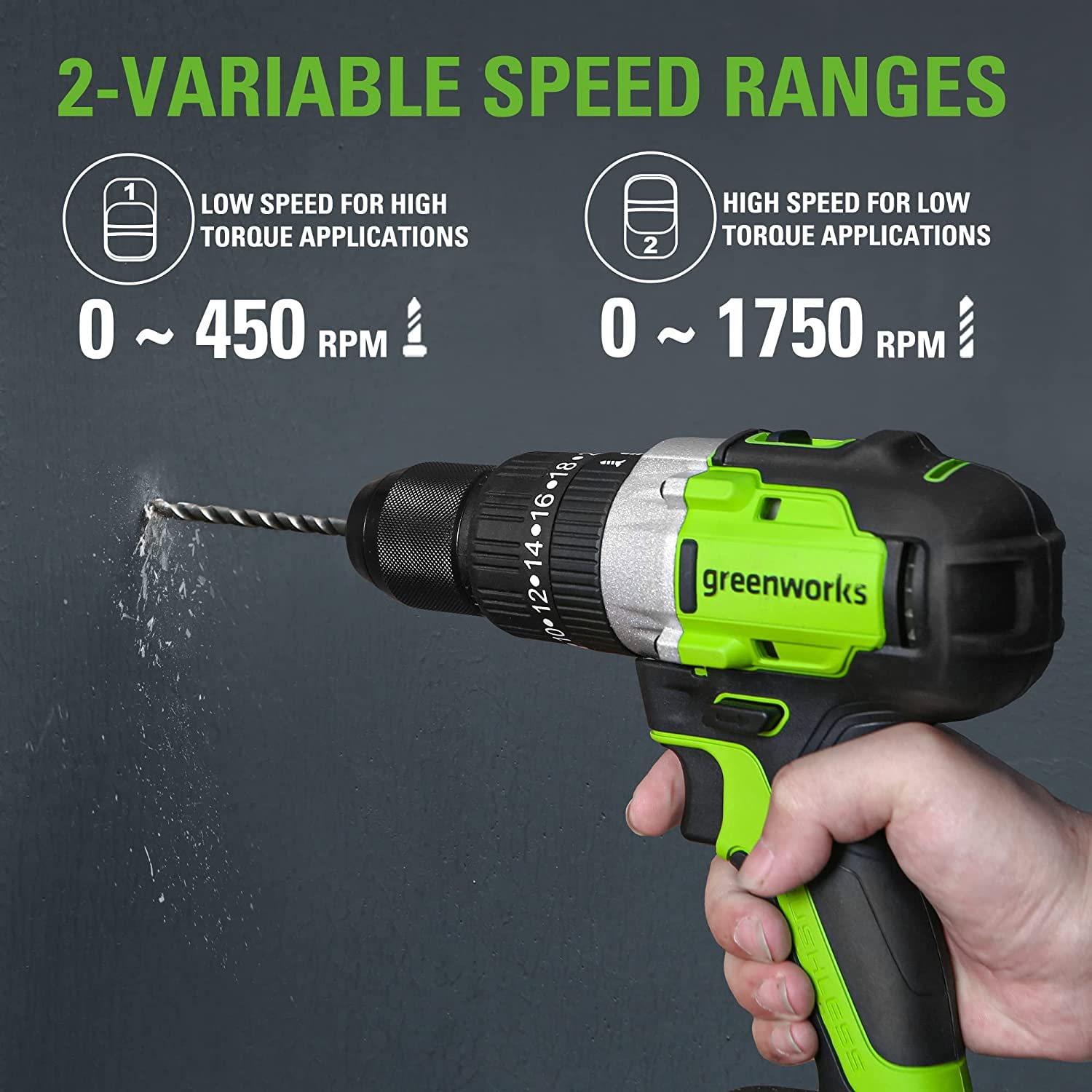 Greenworks 24V Cordless Hammer Drill with 4.0Ah Lithium-Ion Battery & 90-Piece Impact Bit Kit - Perfect for DIY Home Projects, Woodworking, and Professional Construction Work