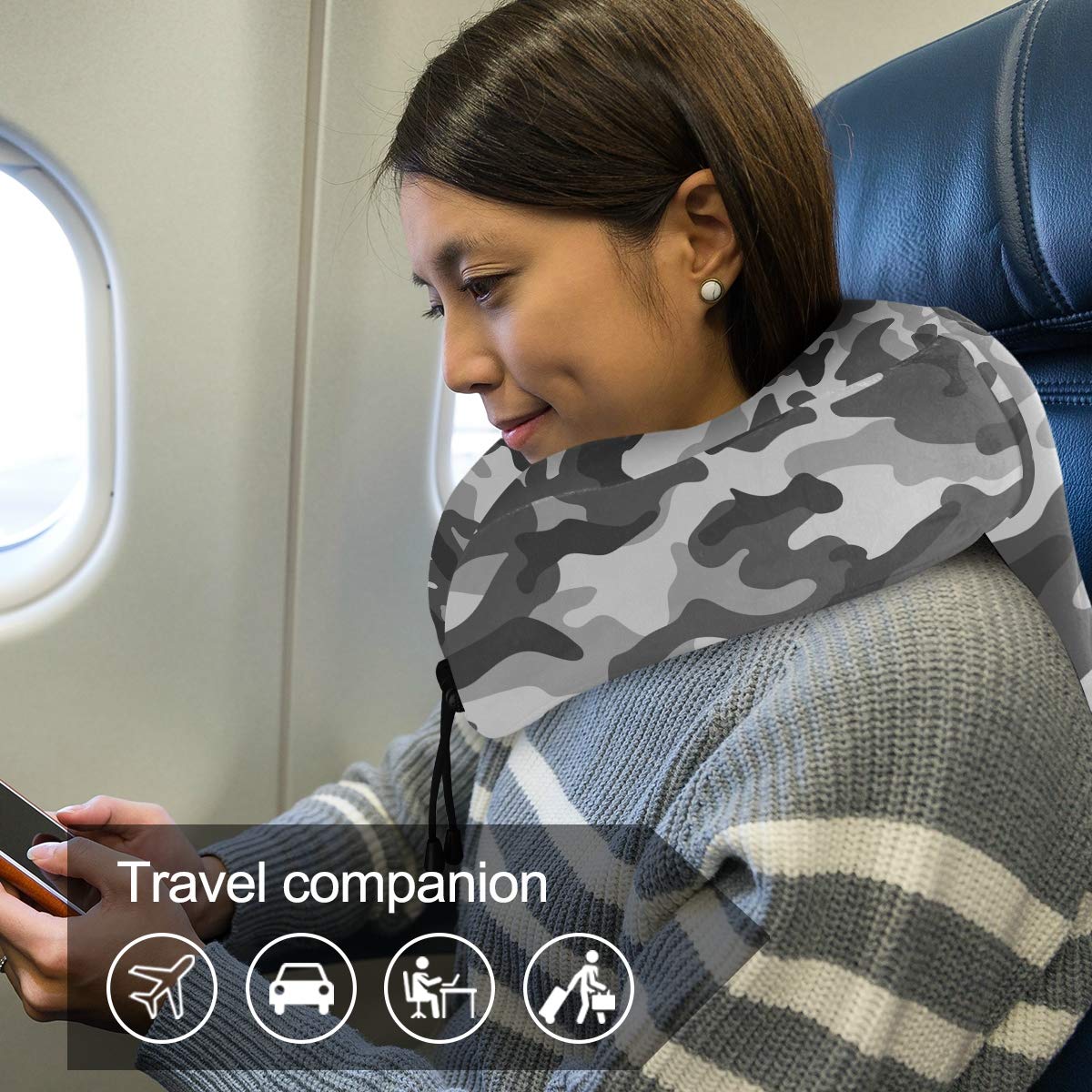 ALAZA Memory Foam Travel Pillow - Gray Military Camouflage Neck Support Pillow for Airplane, Car & Office - Soft, Comfortable & Washable with Snap Clip - Perfect for Long Flights, Road Trips & Work Breaks