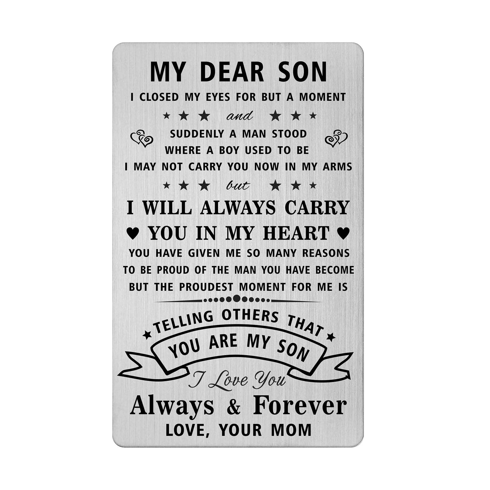 Personalized Son Birthday Cards & Gifts from Mom - Engraved Wallet Card for Boys Birthday, Father's Day, Wedding & Anniversary Presents - Thoughtful Keepsake for Special Occasions