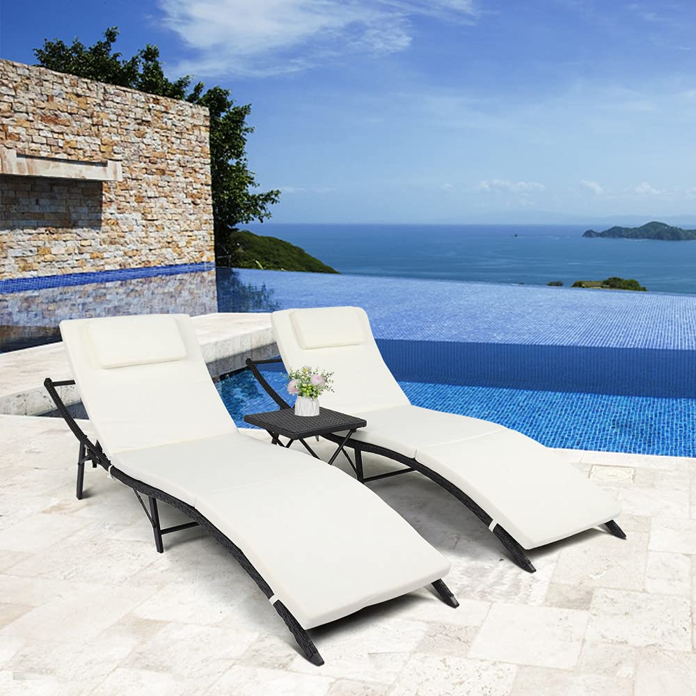 3-Piece Outdoor Chaise Lounge Chair Set - Beige & White Thickened Cushions with Folding Table - Perfect for Poolside, Patio, Garden & Sunbathing Relaxation