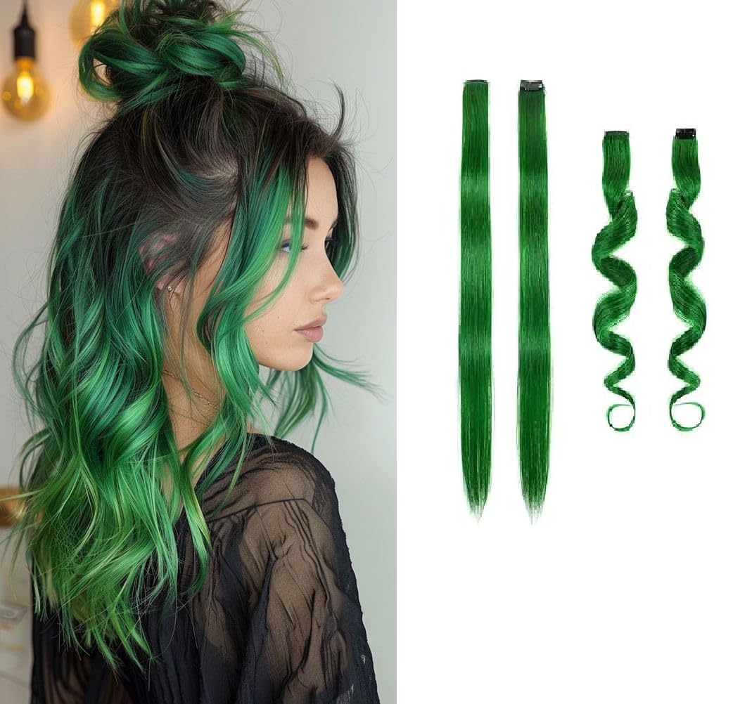 Vibrant Dark Green Hair Streak Extensions for Women & Girls - Clip-in Colored Hair Highlights (Set of 2) | Perfect for Parties, Cosplay & Everyday Styling