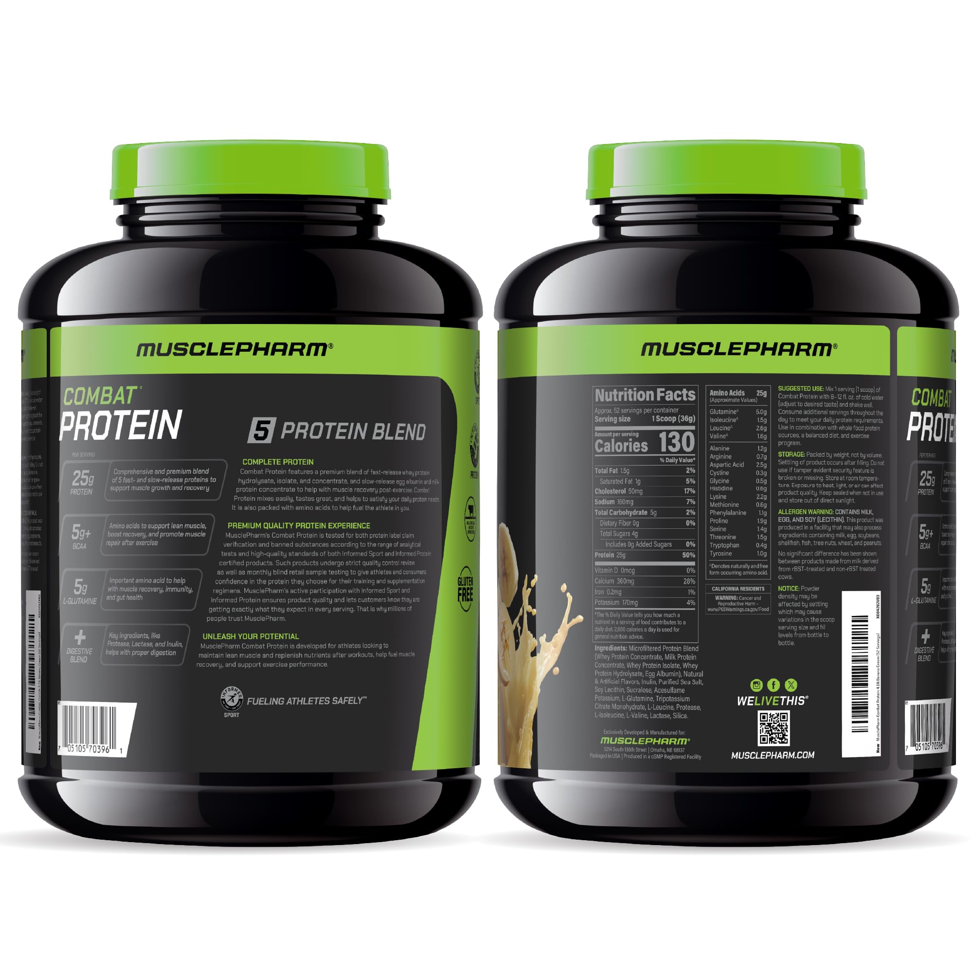 MusclePharm Combat Protein Powder - Banana Cream Flavor, 5 Protein Sources (Whey Isolate & Egg Albumin), Gluten Free, 4lb (52 Servings) - Post Workout Recovery & Muscle Growth Supplement for Athletes & Fitness Enthusiasts