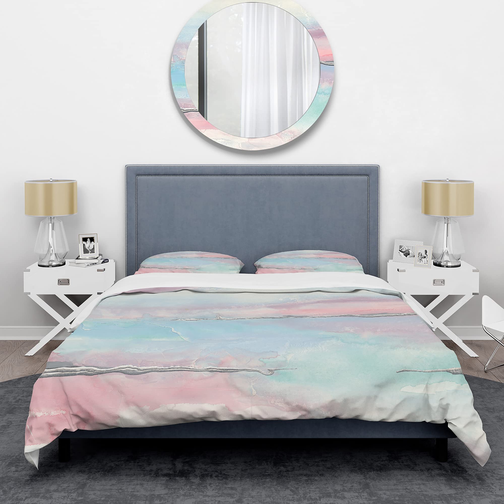 DesignQ Metallic Shabby Pink & Blue Duvet Cover Set Queen Size - 3 Piece Abstract Shabby Chic Bedding Collection for All Seasons | Perfect for Master Bedroom, Guest Room & Bohemian Home Decor