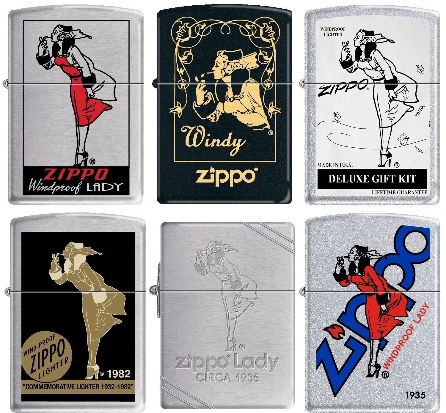 Zippo Windproof Lighter Set - 6 Vintage Pin Up Girl Design Lighters for Collectors & Smokers | Perfect for Gifts, Camping, Travel & Outdoor Use