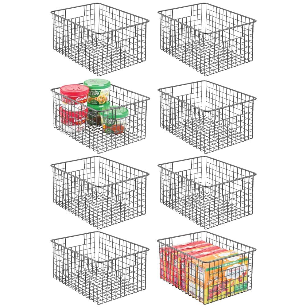 mDesign 8-Pack Dark Gray Metal Wire Food Storage Basket Organizer with Handles - Kitchen Cabinet, Pantry, Bathroom, Laundry & Closet Organization - Concerto Collection - Perfect for Storing Produce, Snacks, Toiletries & Cleaning Supplies