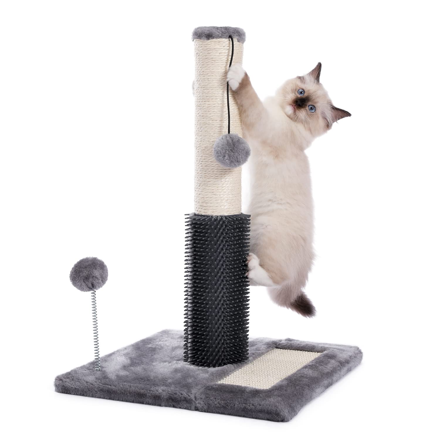 PAWZ Road 3-in-1 Cat Scratching Post with Self-Groomer, Scratching Poles & Dangling Balls - Durable Cat Furniture for Kittens & Indoor Cats - Perfect for Playtime, Exercise & Nail Care