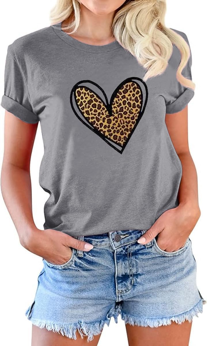 Valentine's Day Women's Heart Printed Short Sleeve Graphic Tee Shirt - Cute Casual Blouse Top for Wife, Girlfriend, Couples Gift & Date Night Outfit