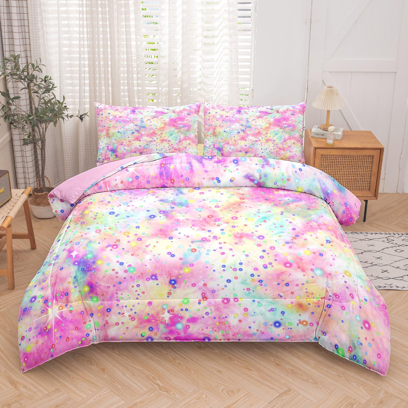 MWMWMW Pink Comforter Set for Girls - Twin Size Bed in a Bag with Purple & Pink Tie Dye Pastel Design, Includes Fitted Sheet & Flat Sheet - Perfect for Teen Bedrooms, Dorm Rooms & Sleepovers