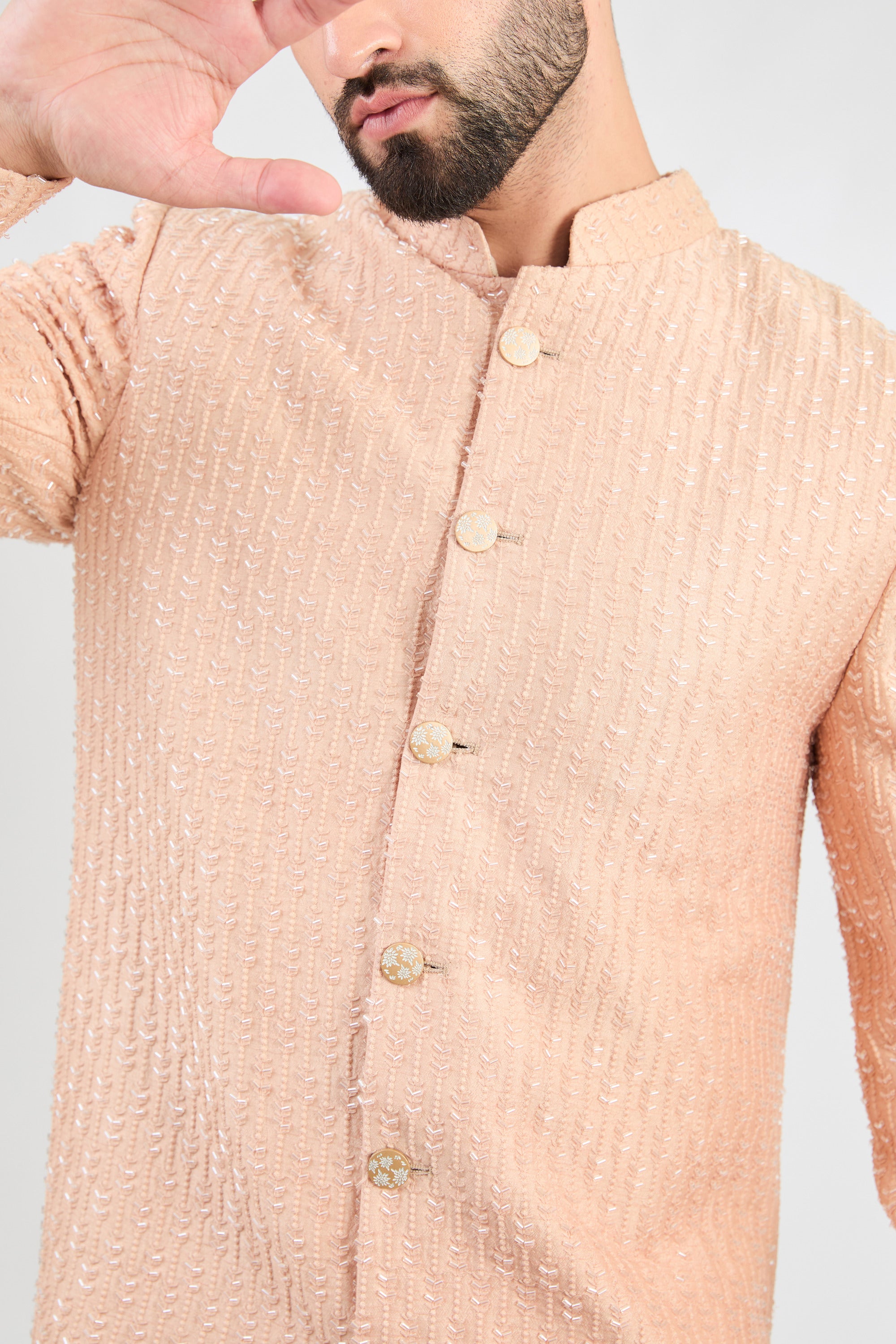 Elegant Light Peach Sherwani with Intricate Cut Dana Embroidery - Perfect for Weddings, Festivals & Special Occasions