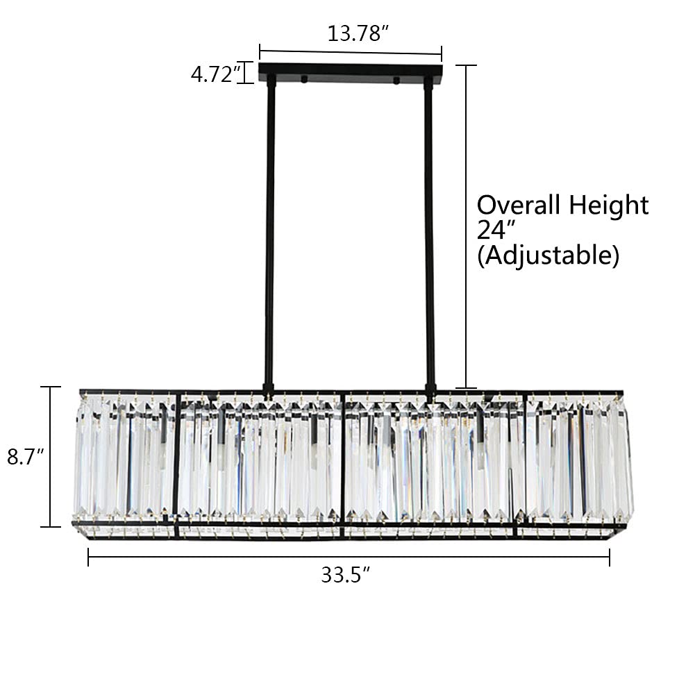 YIYIBYUS 85×22 Inch 4-Light Modern Industrial Rectangular Raindrop K9 Crystal Chandelier - Adjustable Height 16-32 Inches, 110V E12 Black Ceiling Light for Dining Room, Living Room, Bedroom & Foyer