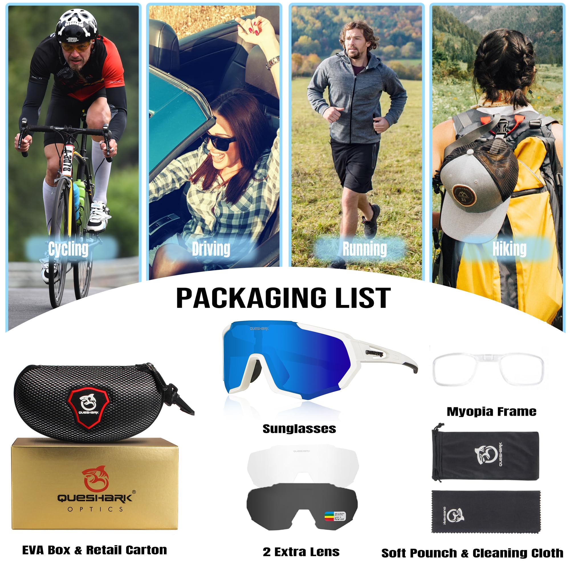 Queshark Polarized Cycling Glasses for Men & Women - UV Protection Sports Sunglasses with 2 HD Lenses - Ideal for Cycling, Running, Hiking & Outdoor Activities