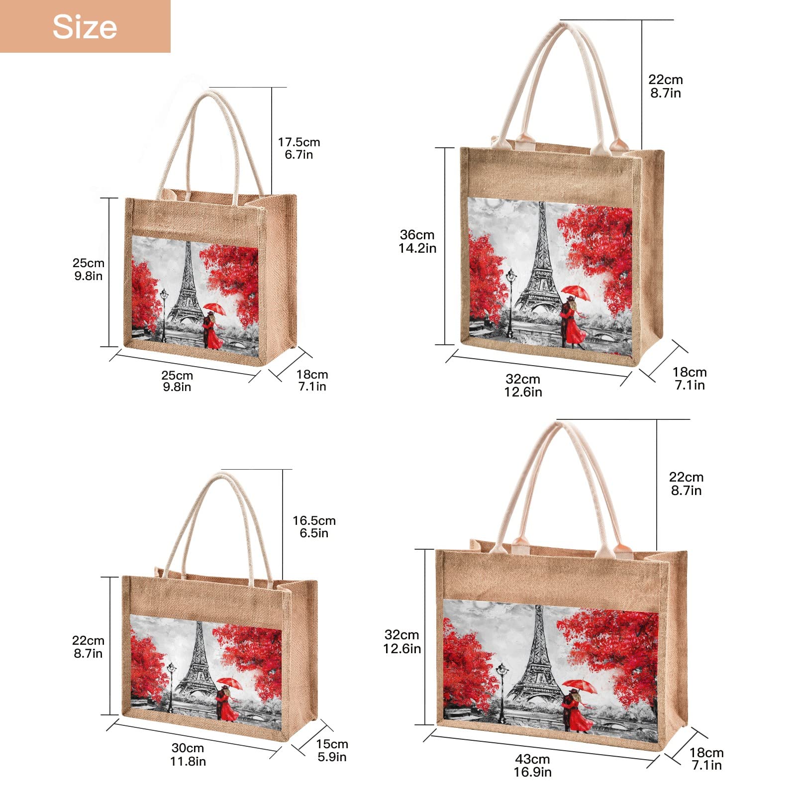 Linqin Eiffel Tower Romantic Love Jute Tote Bag - Waterproof Burlap Straw Grocery Shopping Bag for Women, Travel, Beach & Picnic - Eco-Friendly Reusable Market Tote with Parisian Design
